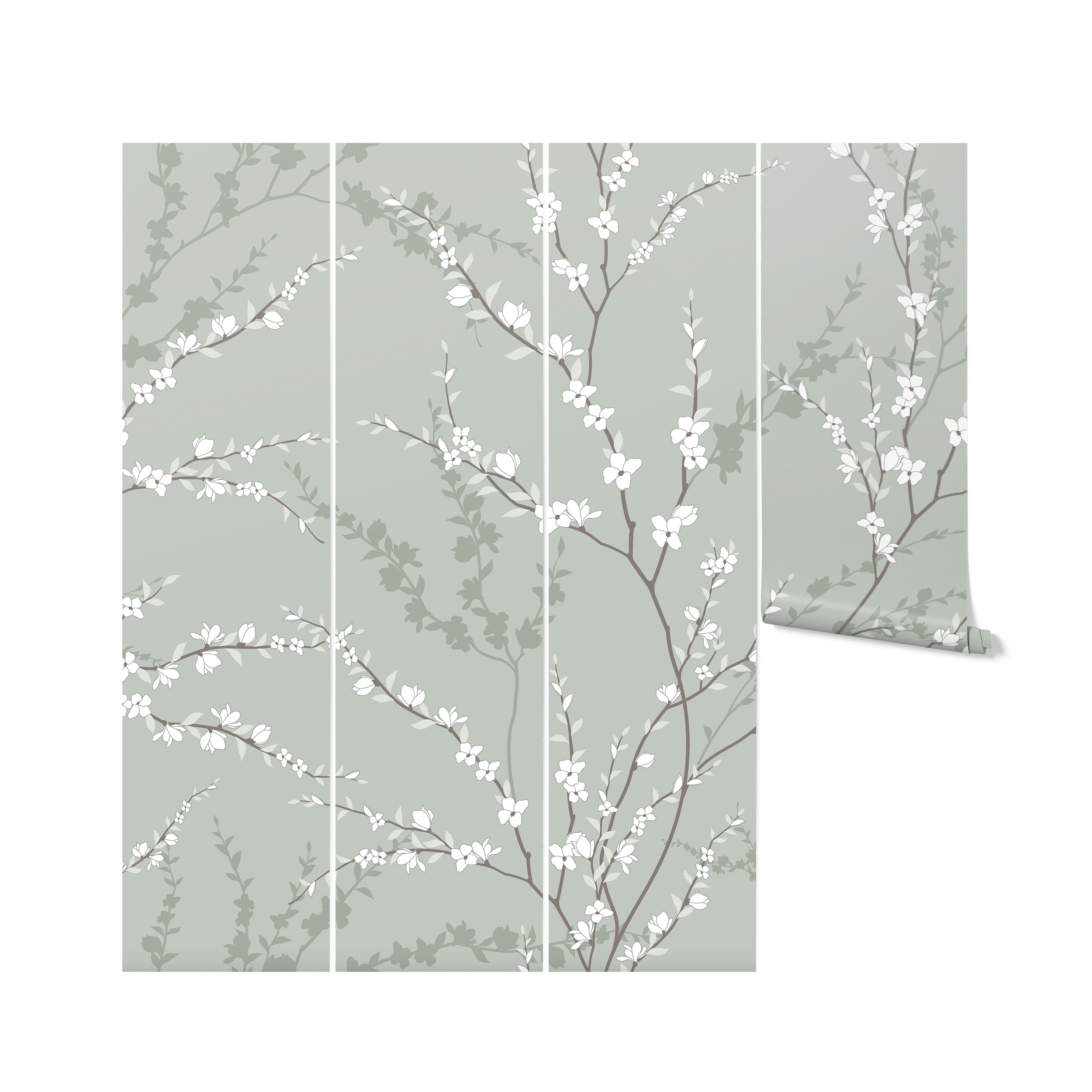 Three panels of the Enchanted Blossoms Wallpaper displayed vertically. Each panel consistently portrays the pattern of branches and white blossoms, maintaining the wallpaper's tranquil and cohesive aesthetic across a larger area. This display highlights the wallpaper's potential to transform any room into a charming, nature-inspired sanctuary.