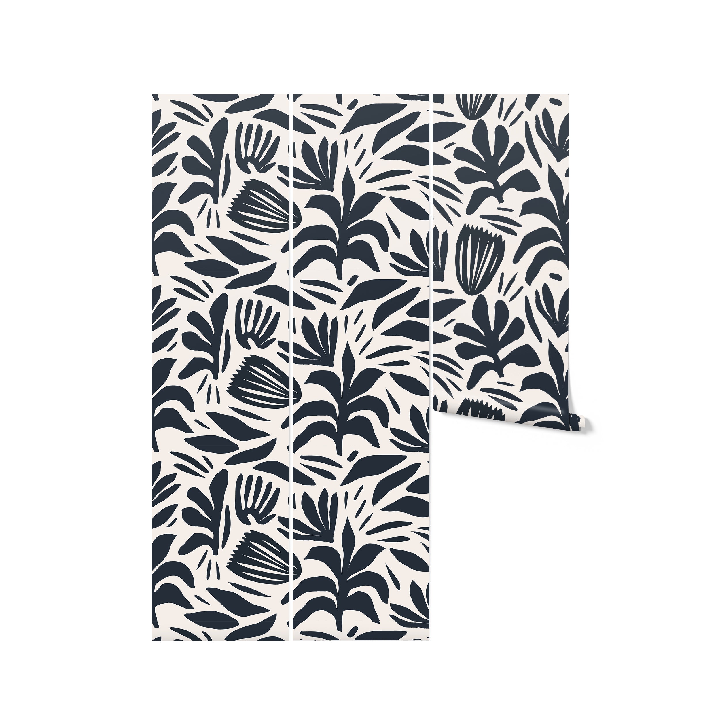 A mockup of a roll of Dark Bloom Wallpaper, displaying the bold black abstract floral and leaf design on a white background.
