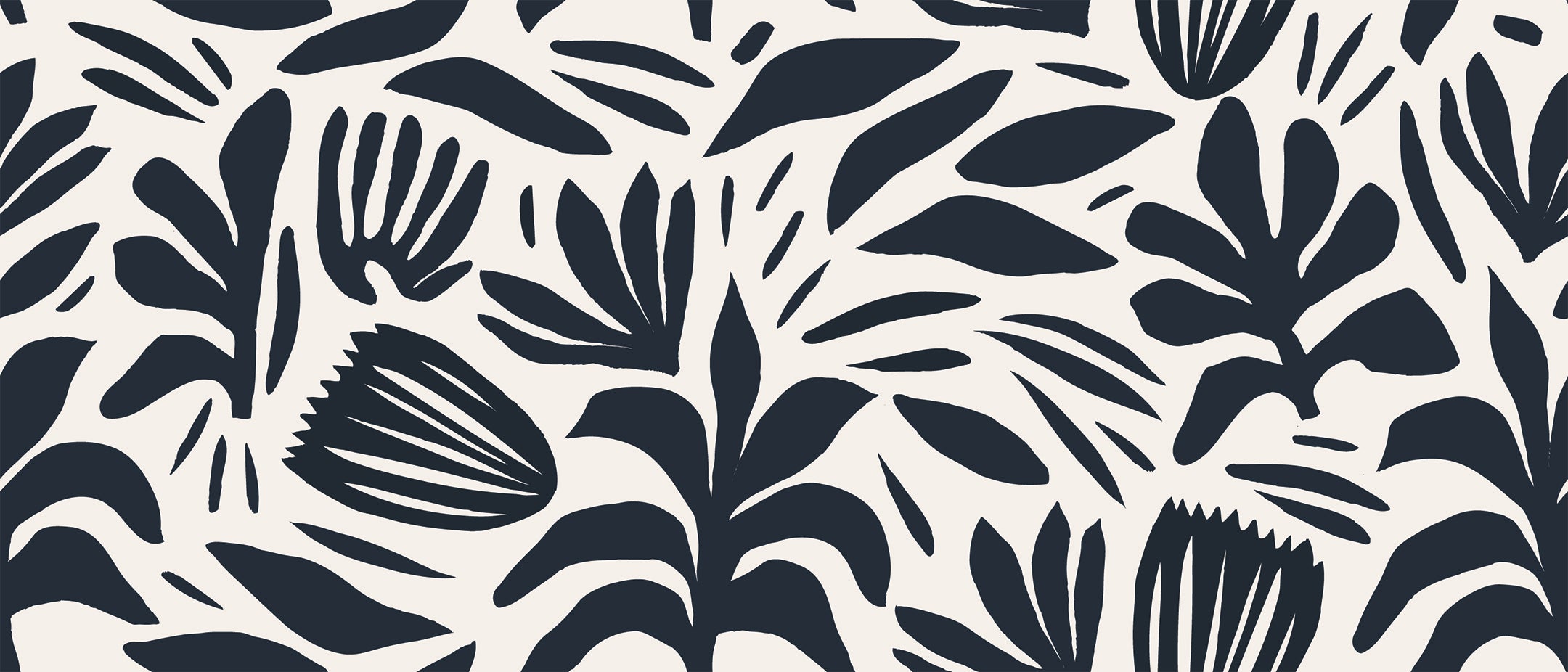 A detailed close-up of the Dark Bloom Wallpaper, featuring bold black abstract floral and leaf patterns on a white background.