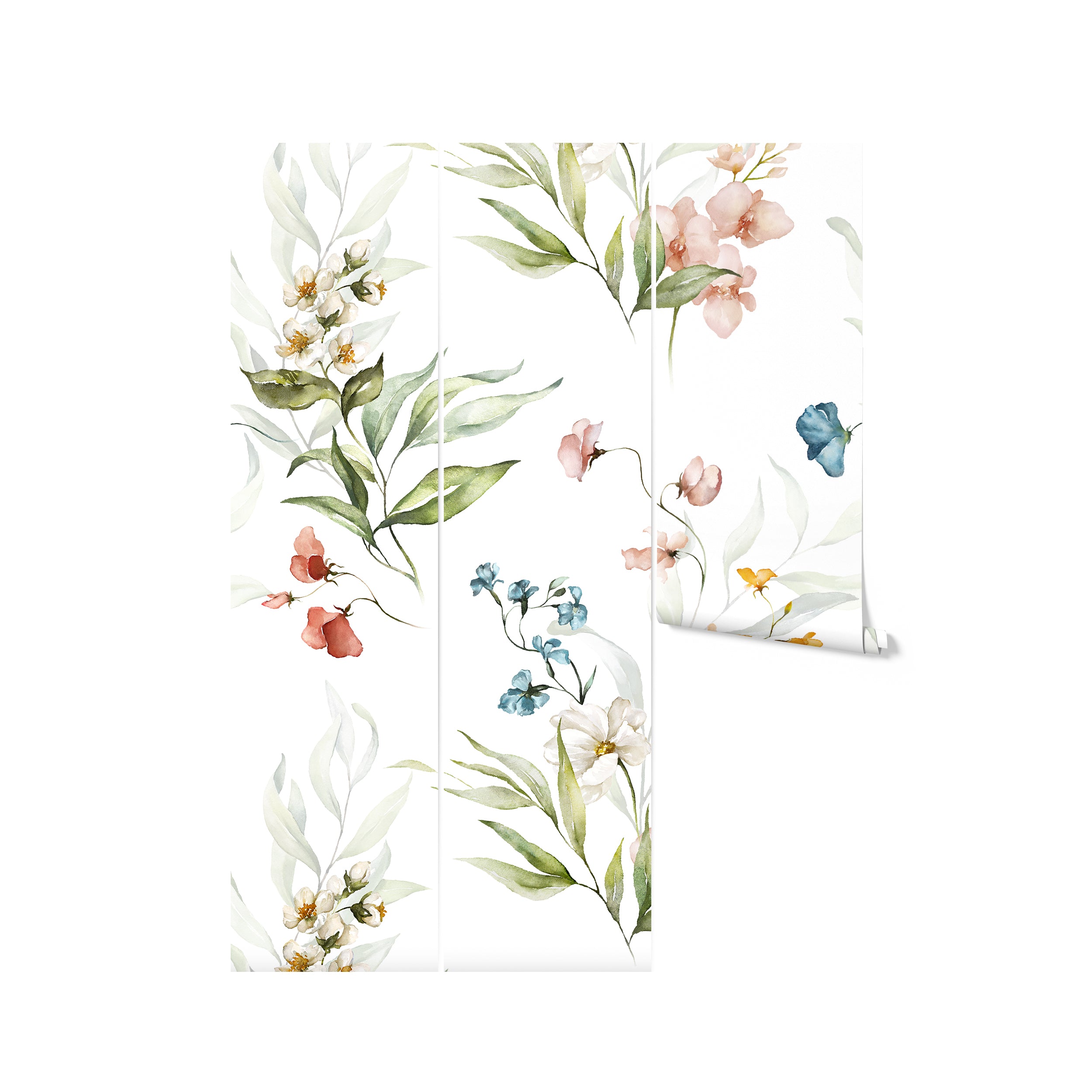 A roll of floral wallpaper with a watercolor design of flowers and leaves. The pattern displays soft pink, blue, yellow, and white flowers with green foliage on a white background, giving a fresh and artistic feel to any space.