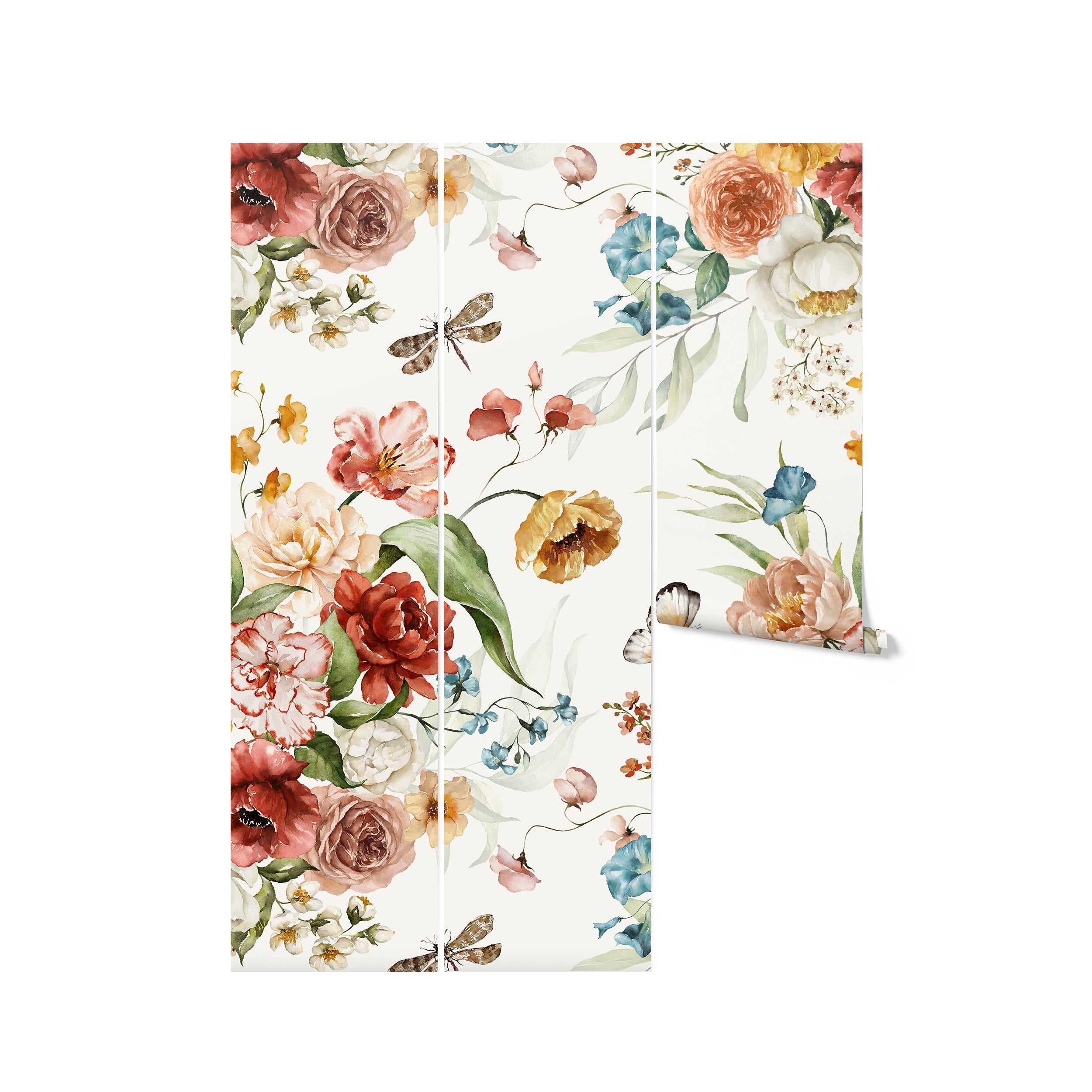 A roll of vibrant floral wallpaper showcasing a watercolor design of various flowers, including roses and peonies, in shades of red, pink, yellow, blue, and white. The pattern is accented with green leaves and insects like butterflies and dragonflies, all set against an off-white background.