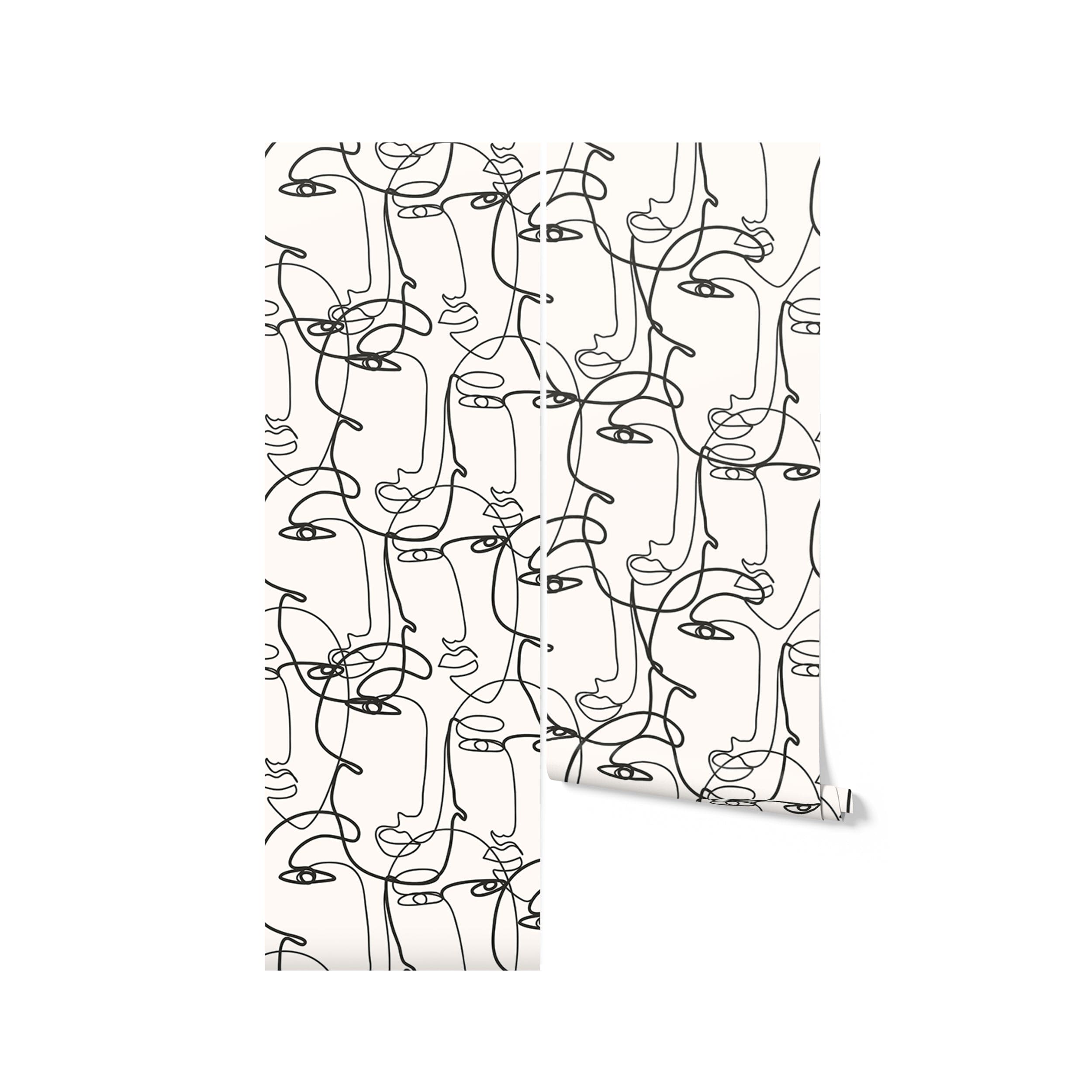 A roll of Minimalist Faces Wallpaper displaying its unique black line art pattern of abstract faces on a white background, ready to enhance any room with its artistic design.