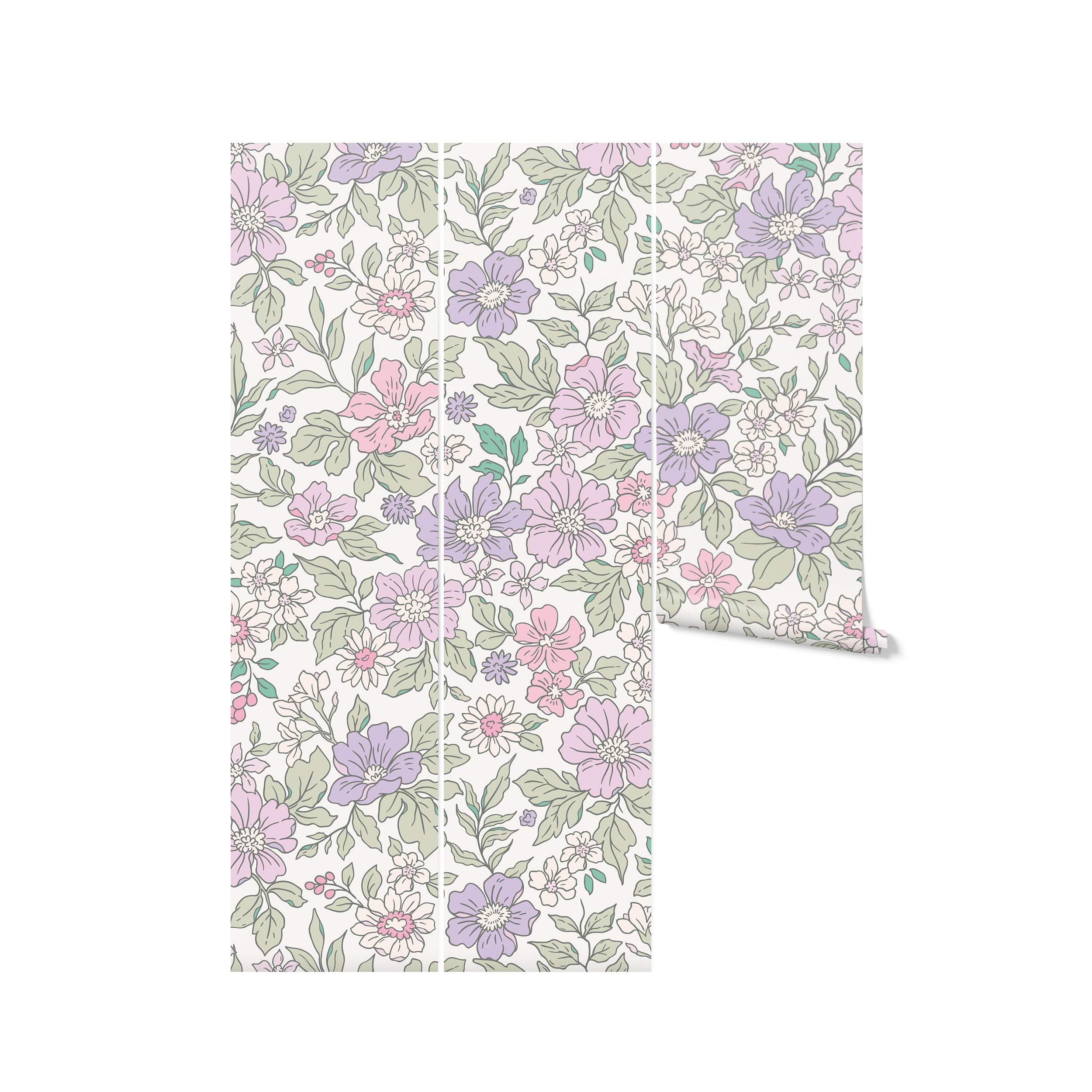A roll of whimsical floral wallpaper showcasing a design of pastel-colored flowers in shades of pink, lavender, and green. The pattern creates a soft and charming aesthetic on a light background, perfect for adding a touch of playfulness to any room.