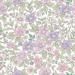 A whimsical floral wallpaper design featuring an array of pastel-colored flowers and leaves. The pattern includes shades of pink, lavender, and green, creating a soft and charming aesthetic on a light background.