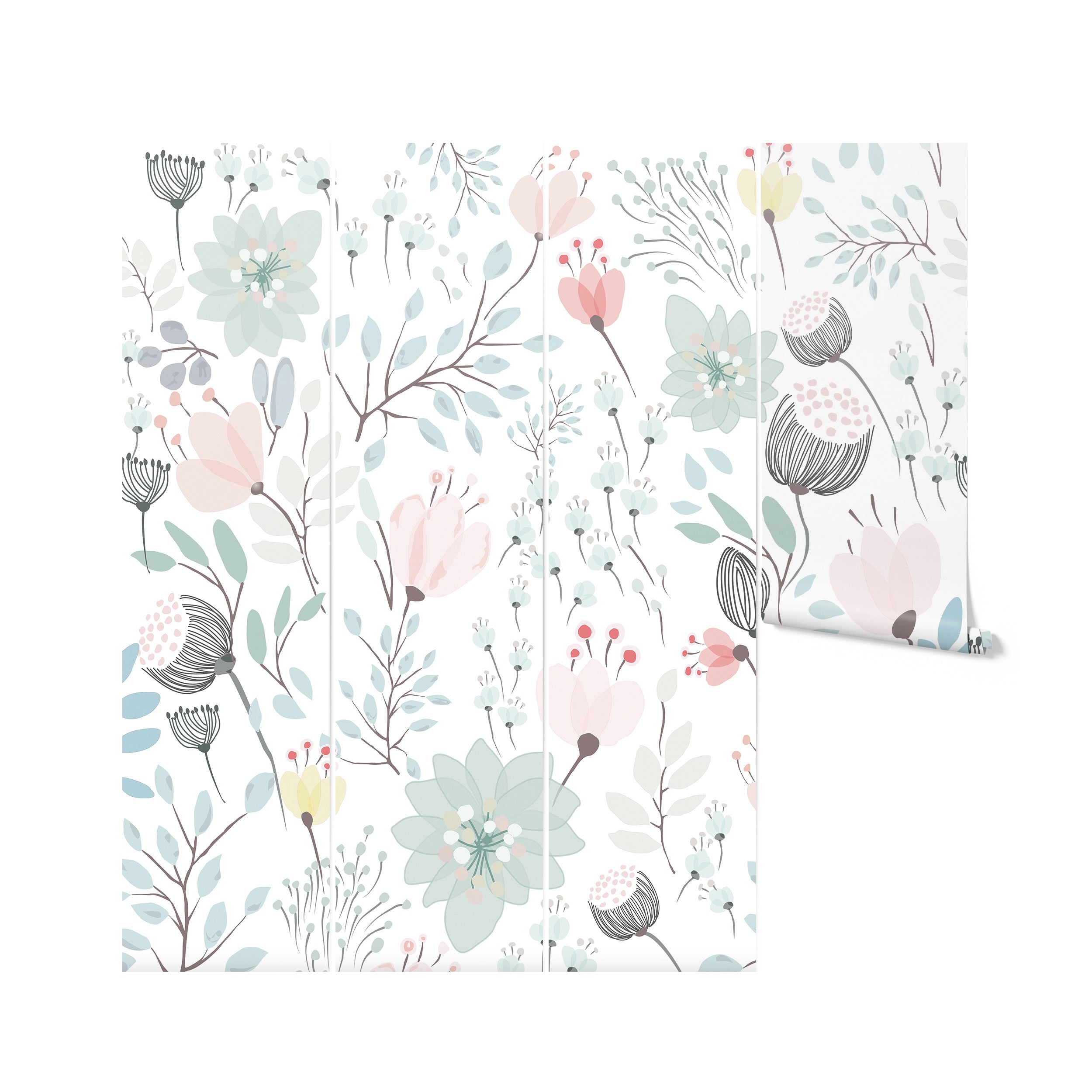 A close-up of a stylish pastel floral wallpaper with a fresh and modern design, showcasing a variety of abstract flowers and leaves in shades of pink, blue, and green, ideal for a light and airy interior.