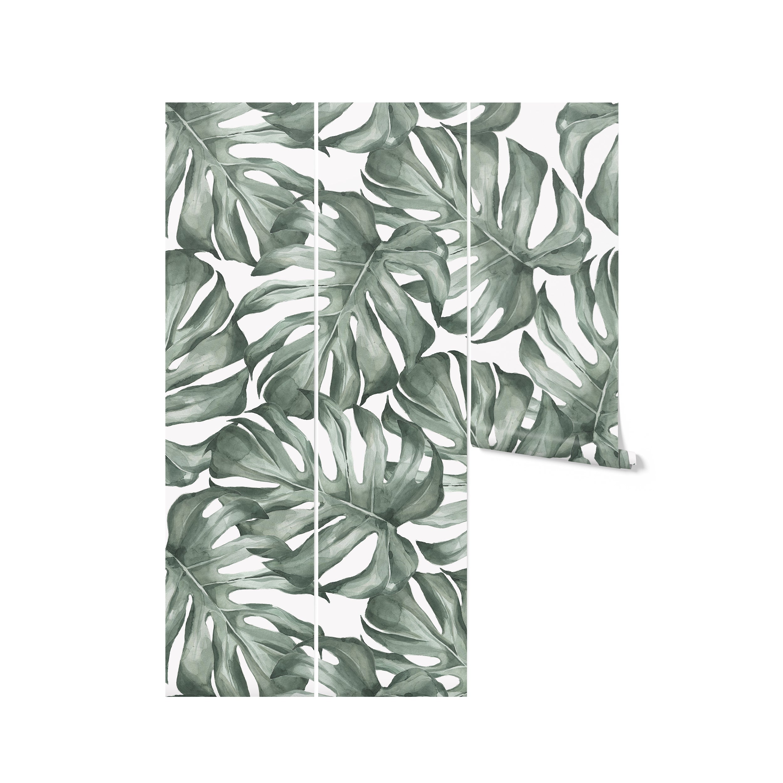Three vertically hung panels displaying the Modern Monstera Wallpaper. The continuity of the leaf design across the panels showcases the dynamic and lush pattern, making it a striking choice for any room looking to make a statement with botanical themes.