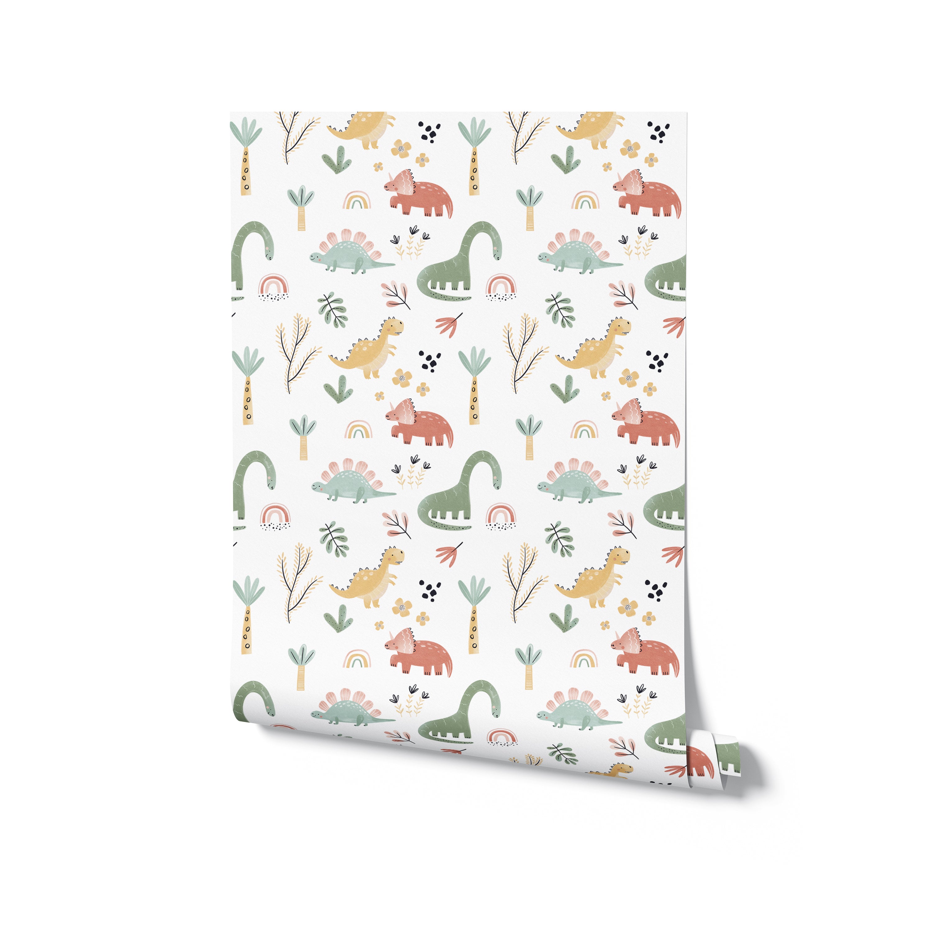 Rolled wallpaper depicting the Dinosaur Nursery design. This charming pattern showcases various dinosaurs and botanical motifs in a soft palette of greens, pinks, and yellows on a white background, perfect for adding a whimsical touch to any child’s nursery or bedroom.