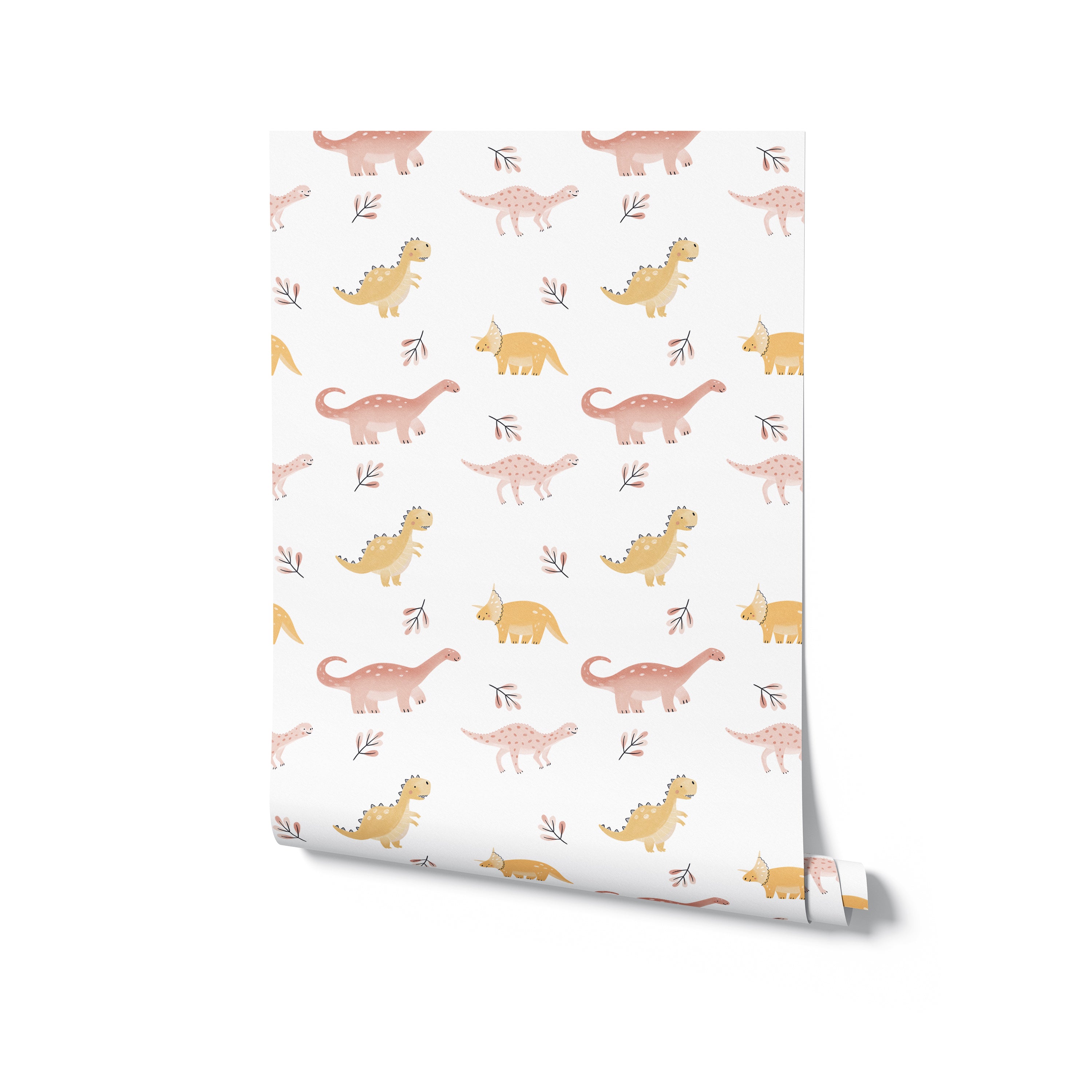 Rolled wallpaper displaying the "Dino Days Wallpaper III" design. This wallpaper features an adorable array of pastel-colored dinosaurs and foliage, designed to add a whimsical and joyful element to any child's bedroom or play area.