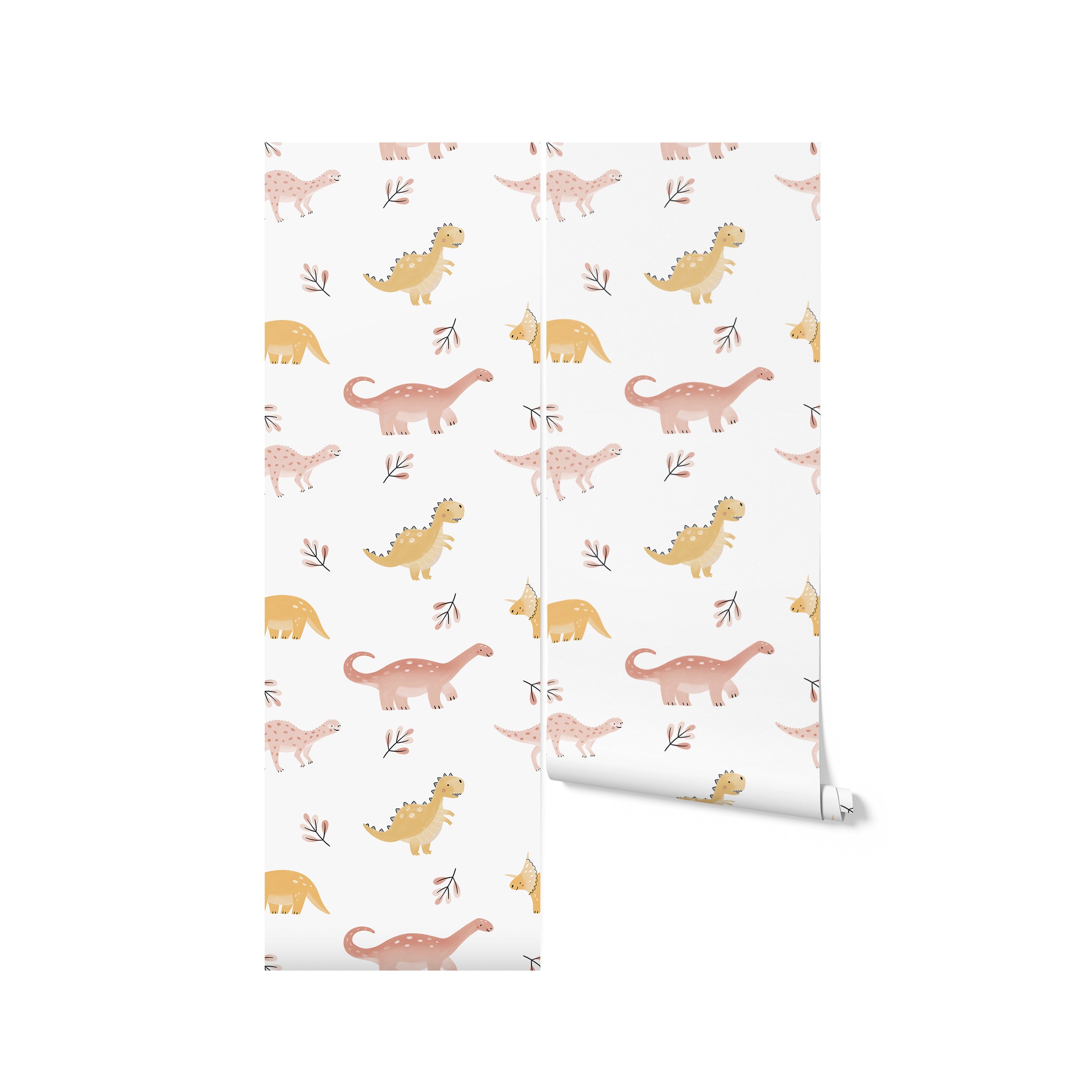 A roll of "Dino Days Wallpaper III" displayed, showing detailed illustrations of friendly dinosaurs and scattered foliage. The design's warm colors and playful scenes are perfect for nurturing a child's fascination with the prehistoric world in a cozy and comforting environment.