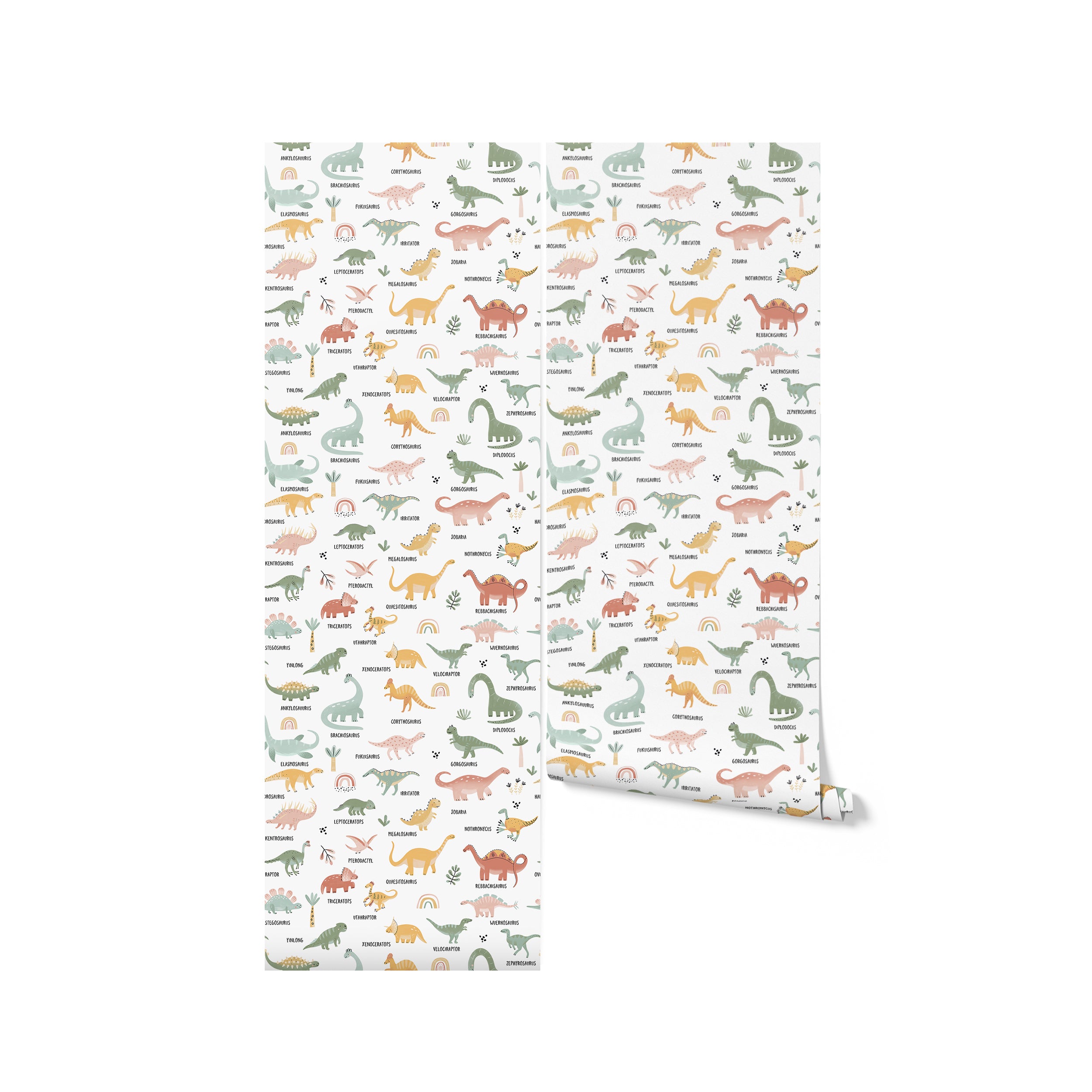 Roll of Dino World Kids Wallpaper II displaying a busy and colorful scene of various dinosaurs in pastel tones with their names, such as Diplodocus, Stegosaurus, and T-Rex, among greenery. Ideal for a child's nursery or play area to foster a love of nature and learning.