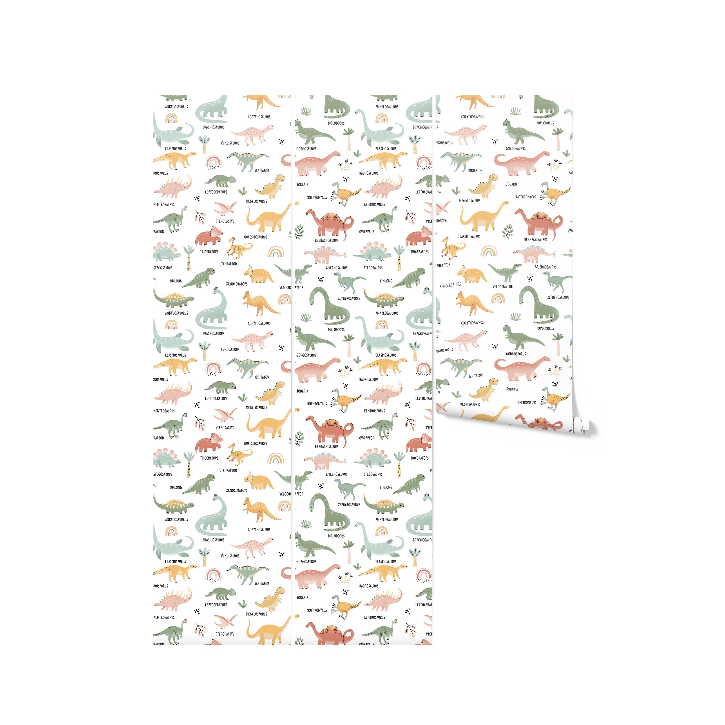 A roll of Dino World Kids Wallpaper displaying the cheerful array of dinosaurs and corresponding names. This view highlights the wallpaper’s detailed design and educational potential, perfect for decorating spaces where children play and learn