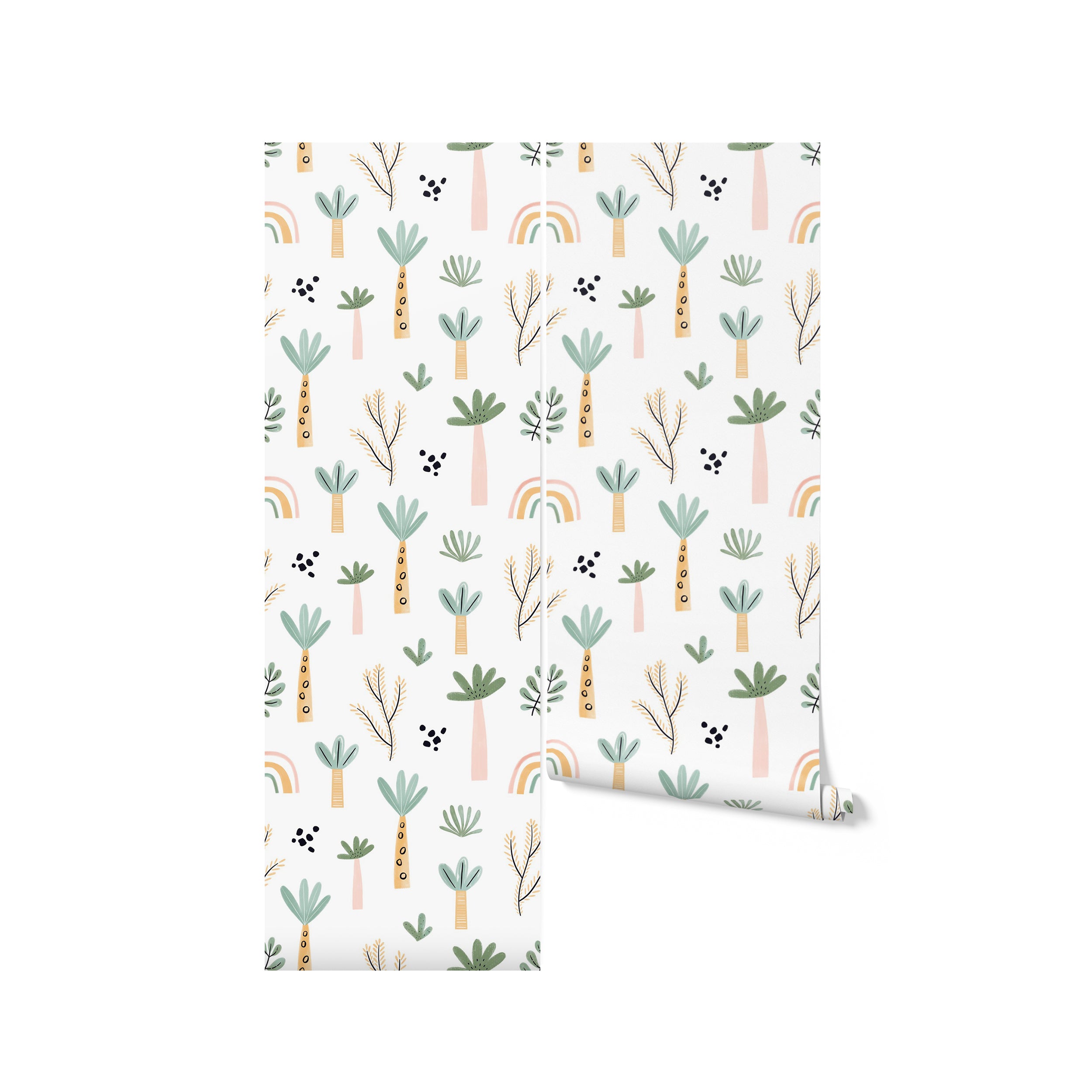 A roll of Tropical Kids Room Wallpaper with a joyful mix of trees, leaves, and rainbows in pastel colors, perfect for adding a touch of whimsy and warmth to a child's bedroom or play area.