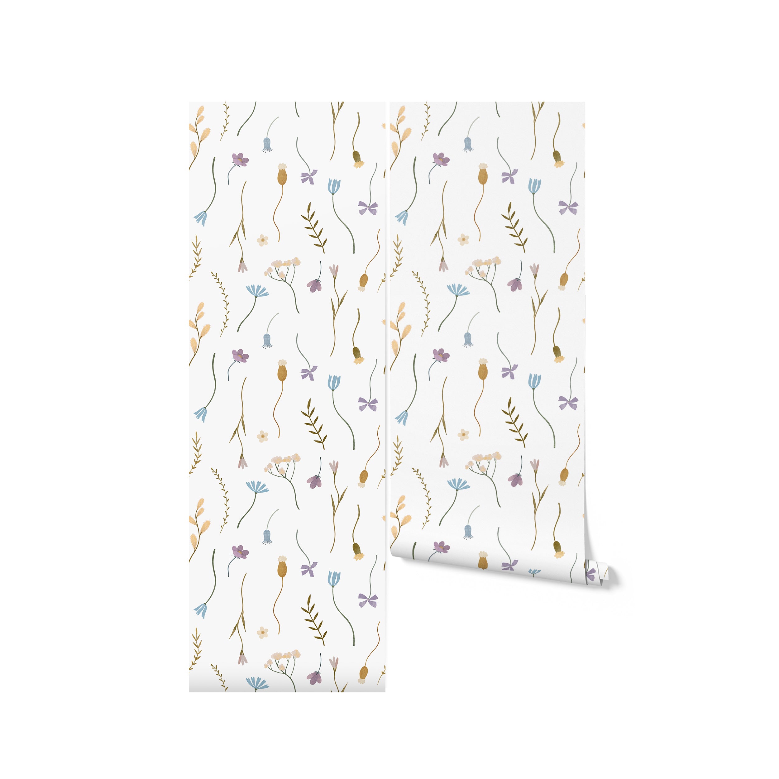 A roll of Minimal Paradise Wallpaper, displaying a charming array of pastel-colored botanical elements scattered across a white backdrop. This design infuses any space with a fresh, spring-like feel.