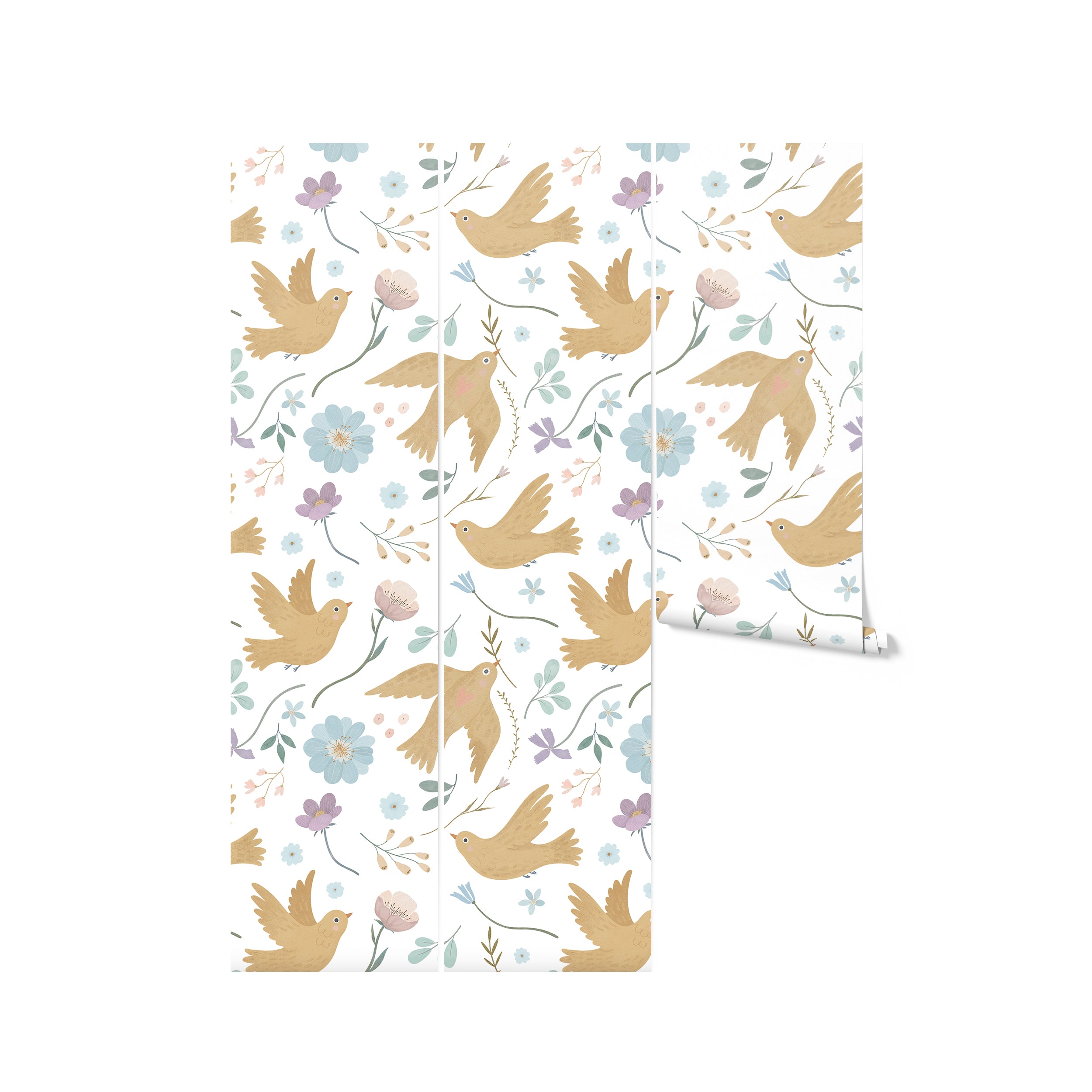 Rolls of Pastel Bird Wallpaper - Large, highlighting the charming design of tan birds, pastel flowers, and greenery on a white background, perfect for a serene and playful atmosphere.