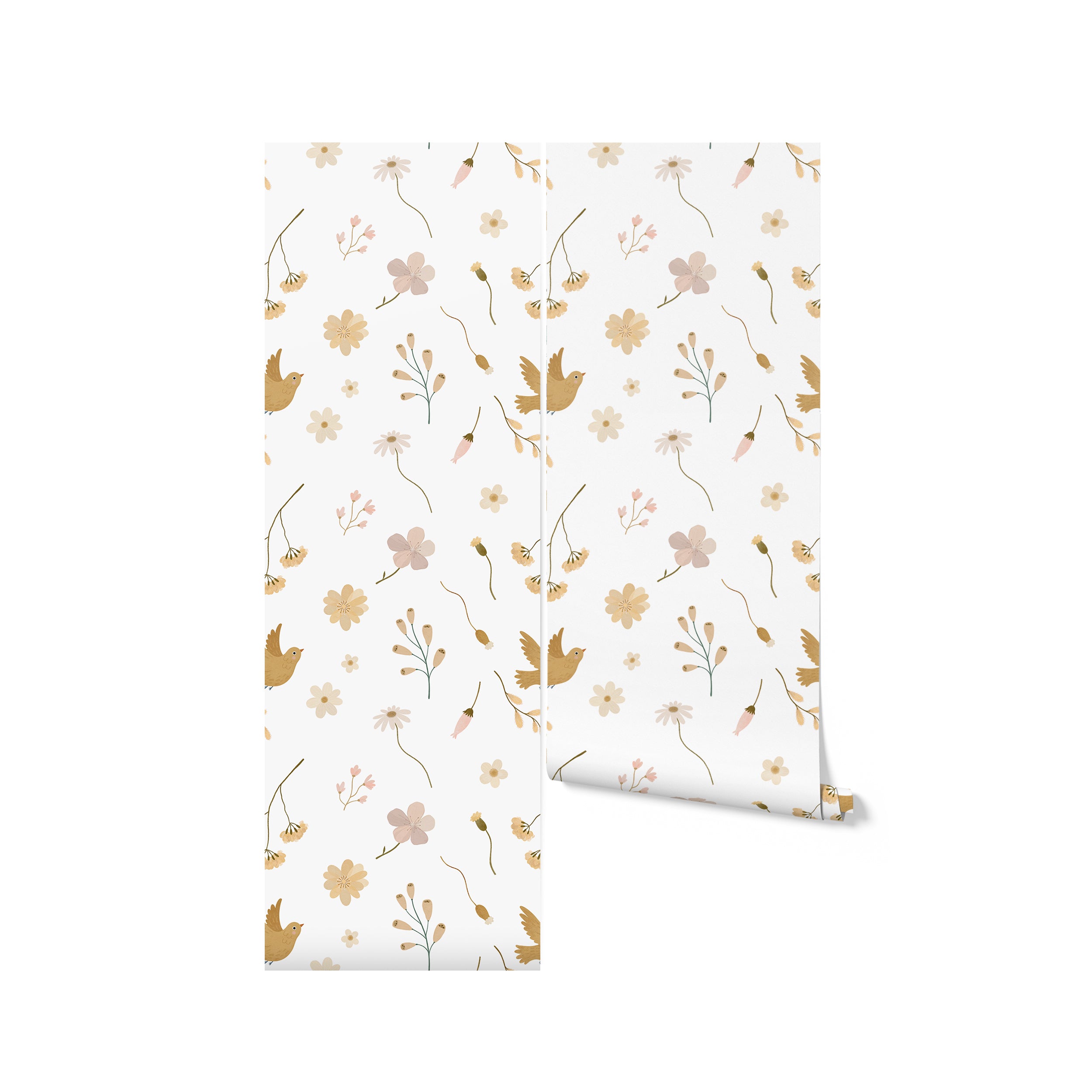 A roll of Pastel and Paradise Wallpaper displaying a gentle and charming pattern of small flowers and birds in pastel tones on a white background, perfect for creating a peaceful space in any home