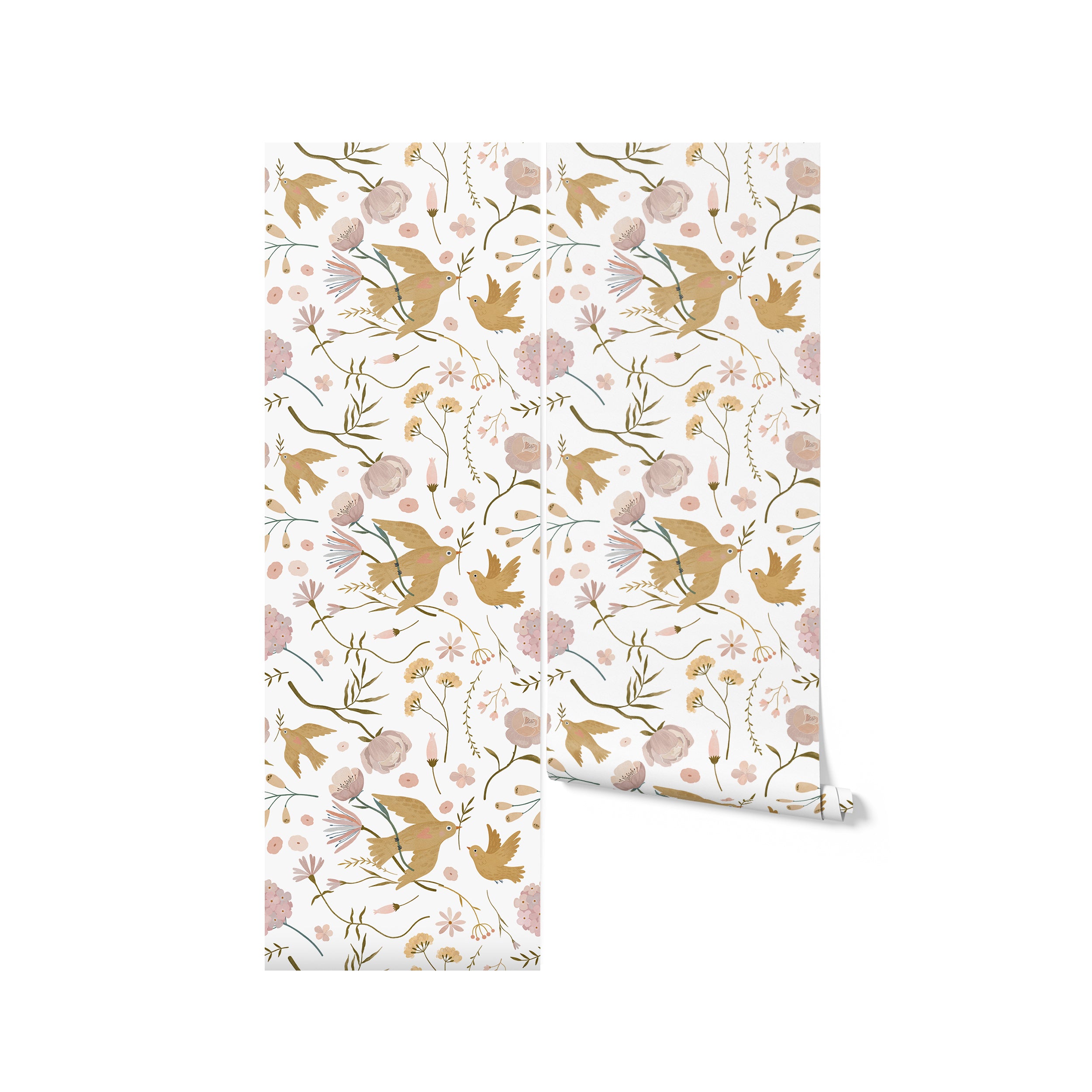 A roll of Pastel Garden Wallpaper, presenting a lively print of birds, flowers, and botanicals in muted pastel shades, ideal for adding a touch of springtime charm to any room