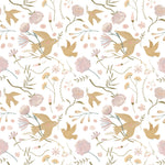 Close-up view of Pastel Garden Wallpaper II - 25 inch, featuring delicate hand-drawn birds and blooming flowers in soft pastel hues of pink, beige, and green on a white background.