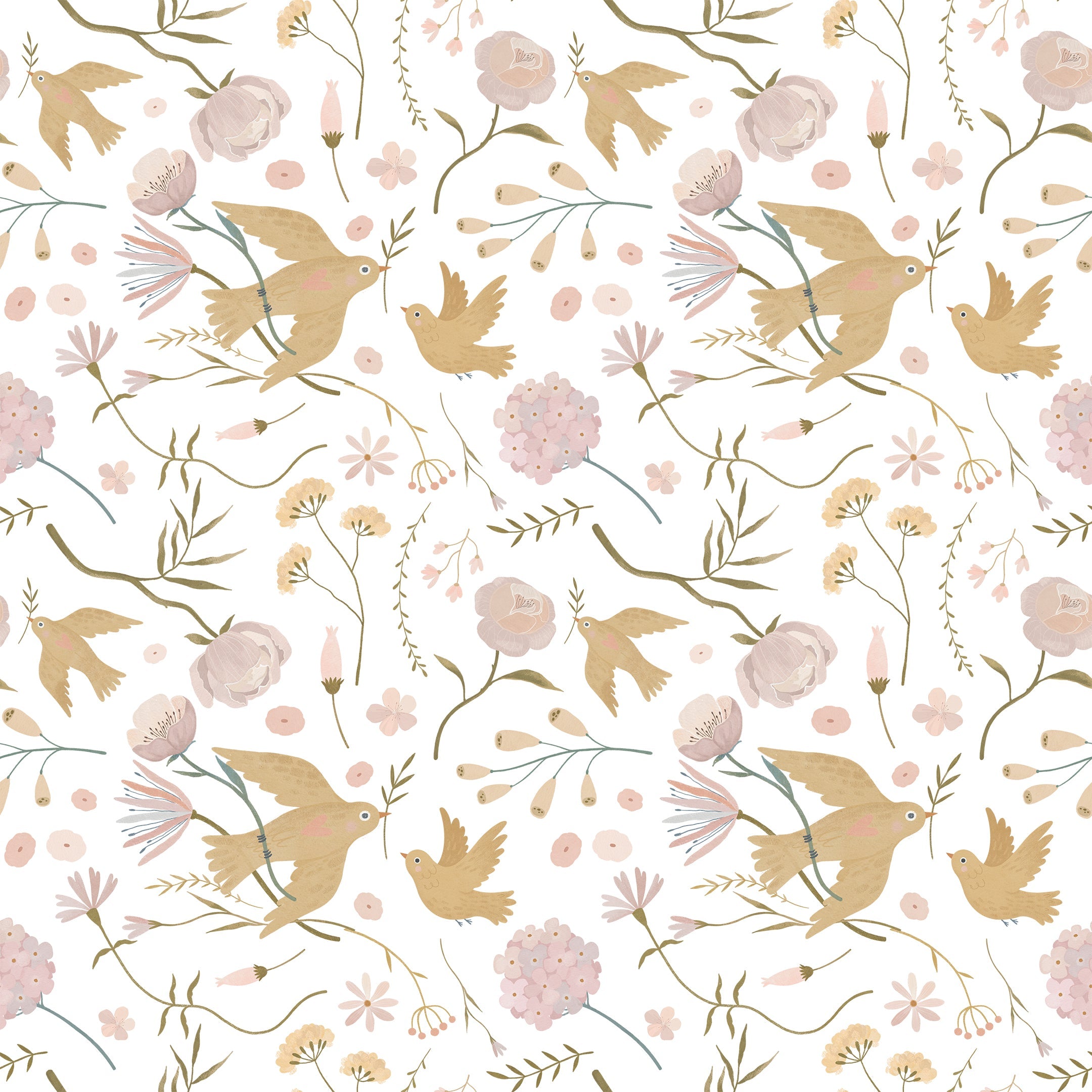 Close-up view of Pastel Garden Wallpaper II - 25 inch, featuring delicate hand-drawn birds and blooming flowers in soft pastel hues of pink, beige, and green on a white background.