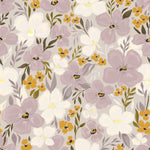 A vibrant floral wallpaper design featuring large white and soft purple flowers complemented by smaller yellow blossoms and green leaves, set against a neutral background.