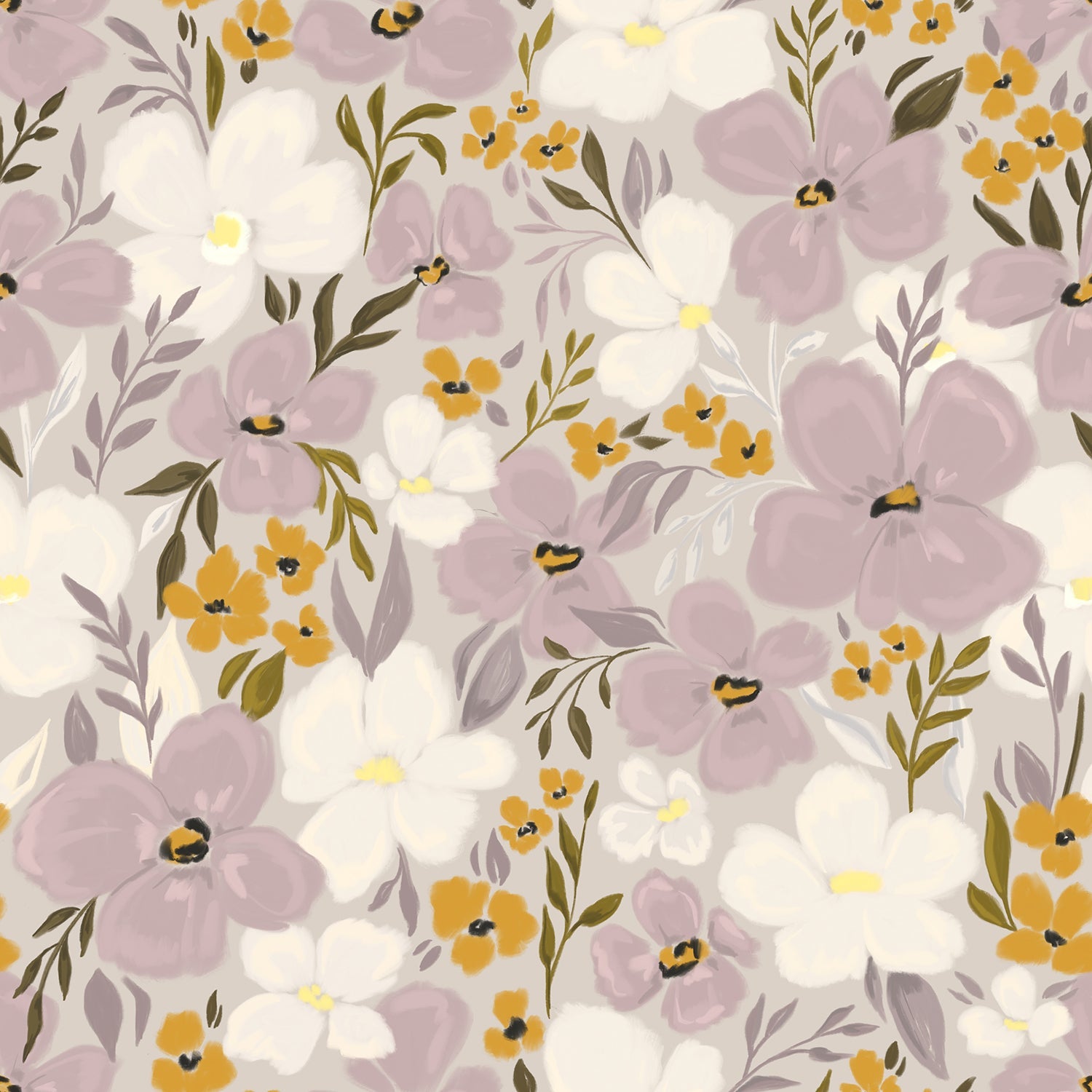 A delicate floral wallpaper design featuring an array of soft purple and white flowers interspersed with tiny yellow blossoms and dark green leaves, set against a light gray background. The design evokes a springtime garden, with large blooms prominently placed, creating a soothing and inviting atmosphere.