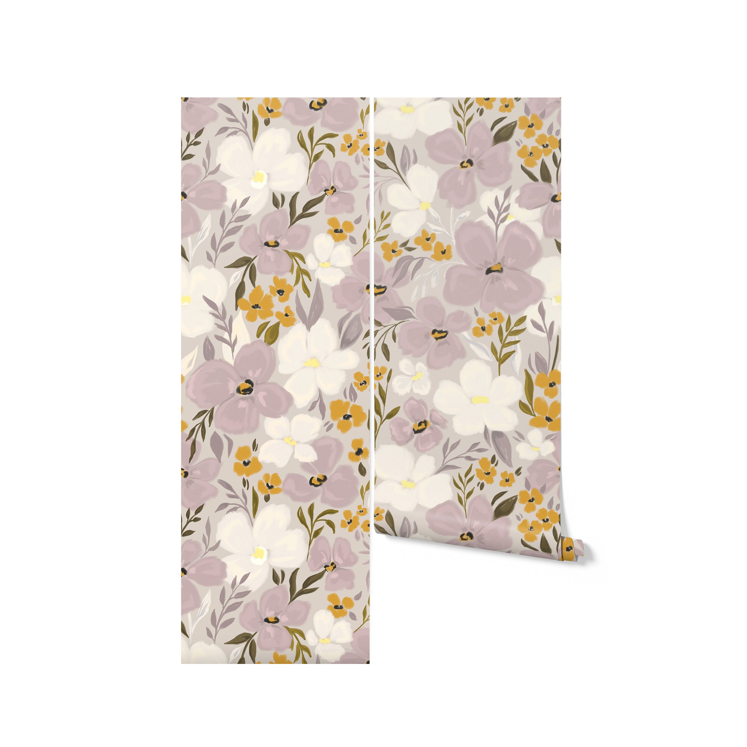 Three panels of the Fleur Wallpaper displayed vertically. Each panel features the continuous floral pattern, with the soft purple, white, and yellow flowers seamlessly flowing from one panel to the next. This presentation highlights the cohesive and tranquil design of the wallpaper, perfect for adding a touch of nature-inspired beauty to any interior space.