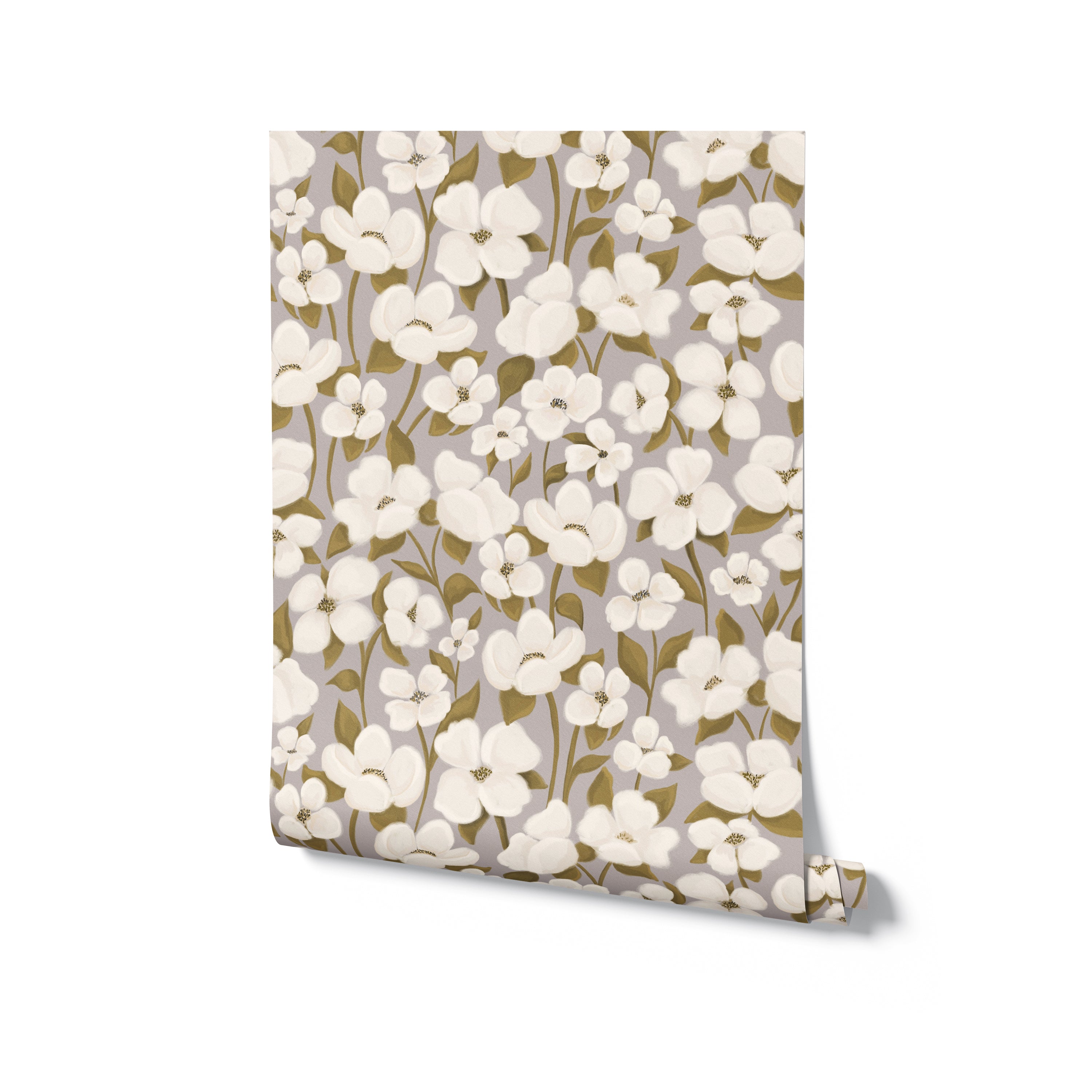 A roll of White Fleur Wallpaper depicting a lush array of white flowers and green foliage on a soft olive backdrop, rolled up at the corner to showcase the design's elegance and texture.