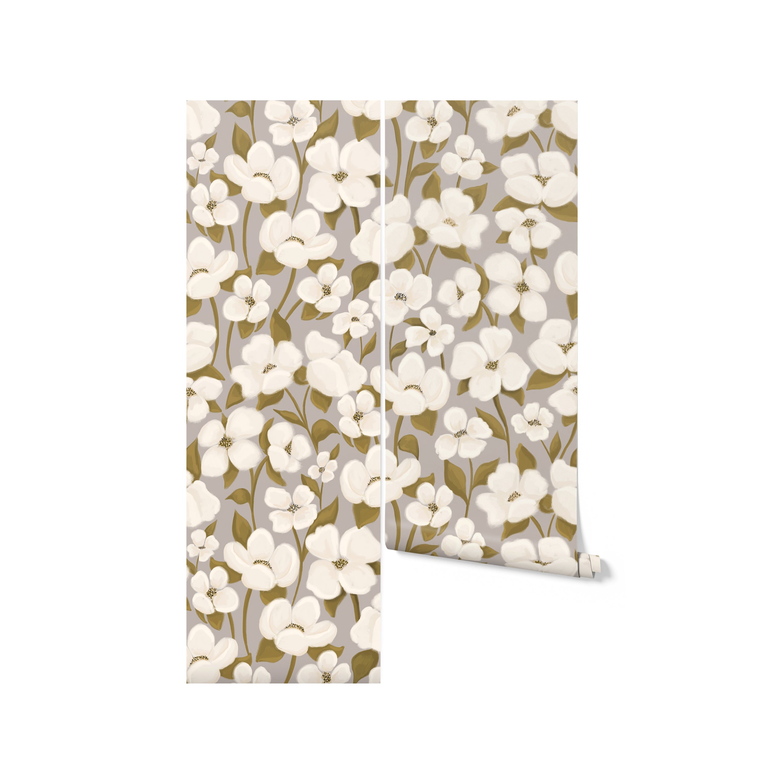 Roll of White Fleur Wallpaper - 50" showing the floral pattern with white flowers and green leaves on a light gray background. The design is perfect for creating a timeless and stylish look in any room.