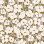A seamless pattern of off-white flowers with delicate petals and olive green leaves set against a muted taupe background. The floral design conveys a soft, elegant aesthetic, suitable for a calming wallpaper or fabric print.