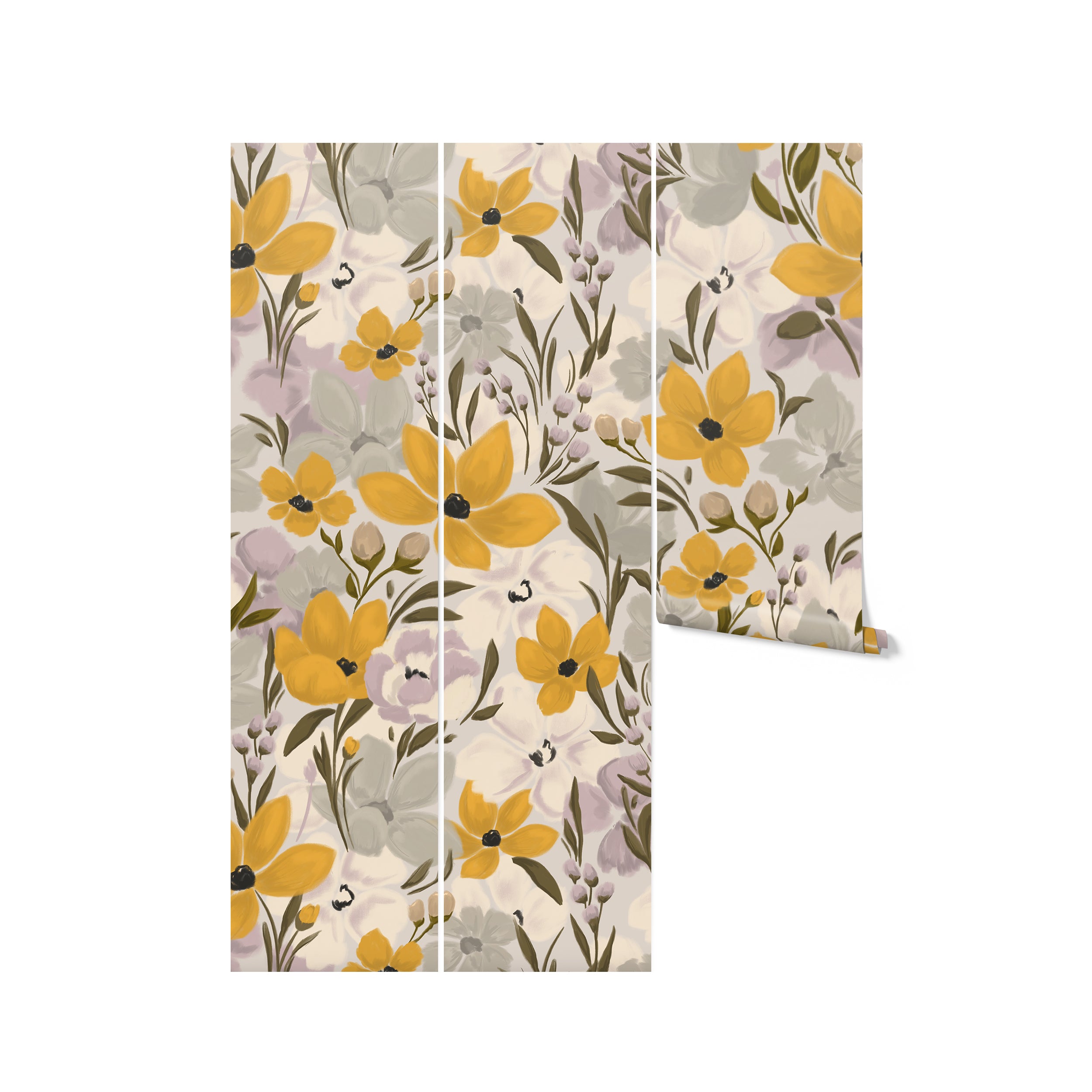 A partial view of the Yellow Fleur Wallpaper - 75" on three panel sections, illustrating the seamless continuity of the floral design across multiple sheets, with the lush yellow blooms and soft pastel accents bringing an elegant and cohesive look to the interior space.