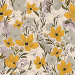 The Yellow Fleur Wallpaper - 75" displays a lively floral pattern with large yellow flowers and smaller grey blooms interspersed with green foliage on a muted background, creating a vibrant, springtime atmosphere.