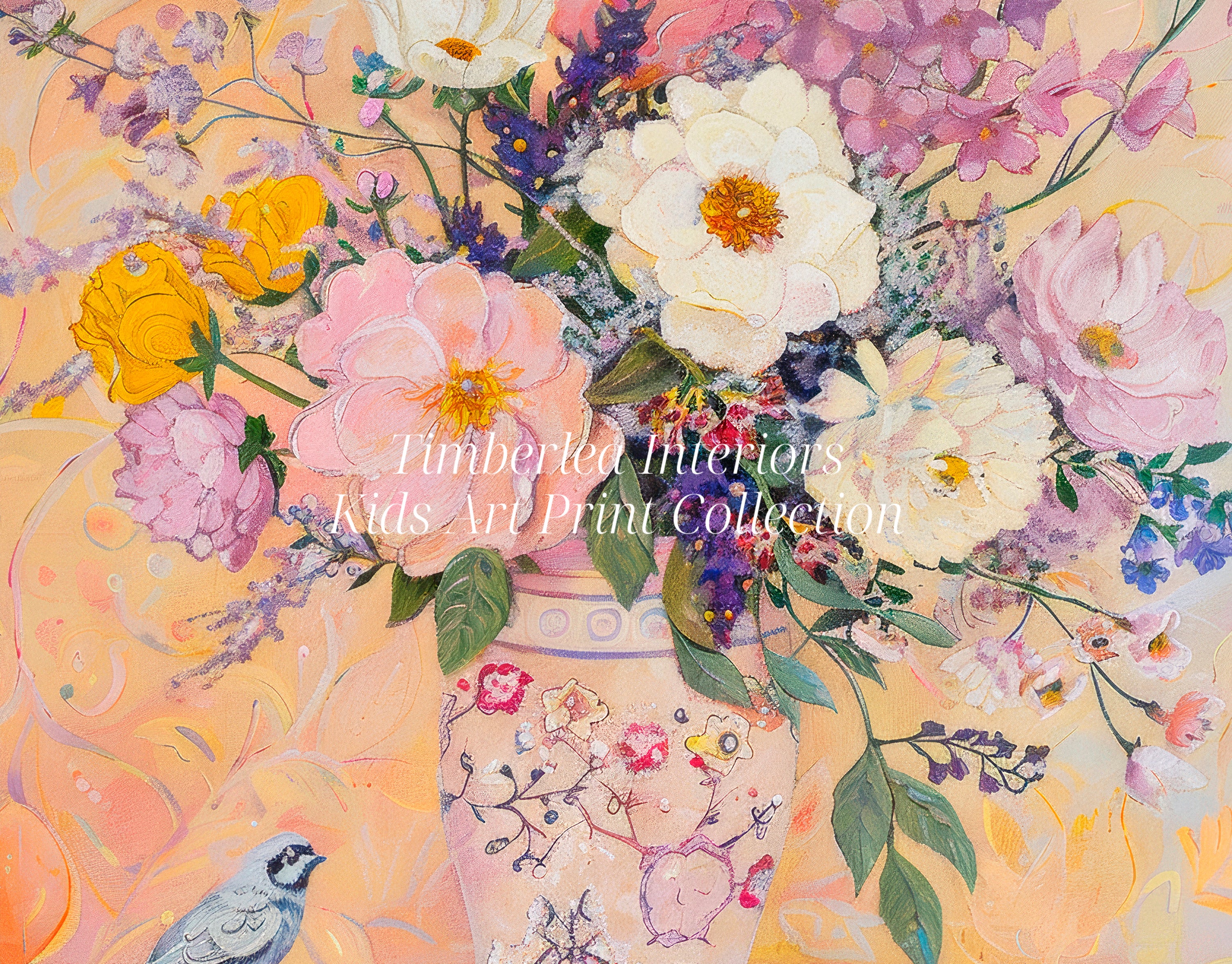 Close-up view of the Blooming Melody Art Print showcasing a detailed bouquet of pink, yellow, and white flowers in a decorative vase with a charming bird and butterflies.