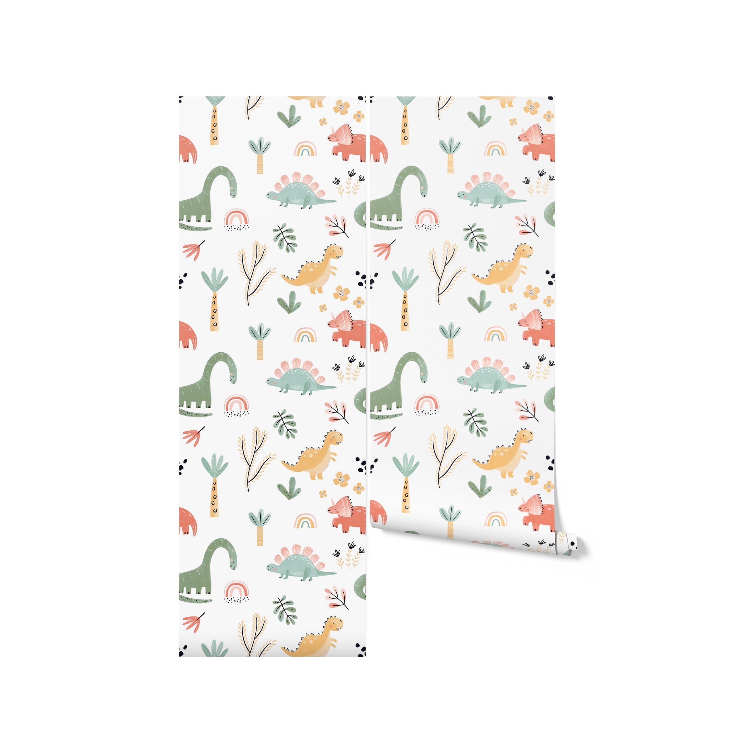 A roll of Dinosaur Nursery Wallpaper featuring an adorable array of dinosaurs in muted colors amidst a pattern of plants and rainbows, offering a sweet and adventurous touch to any child's bedroom or play space.