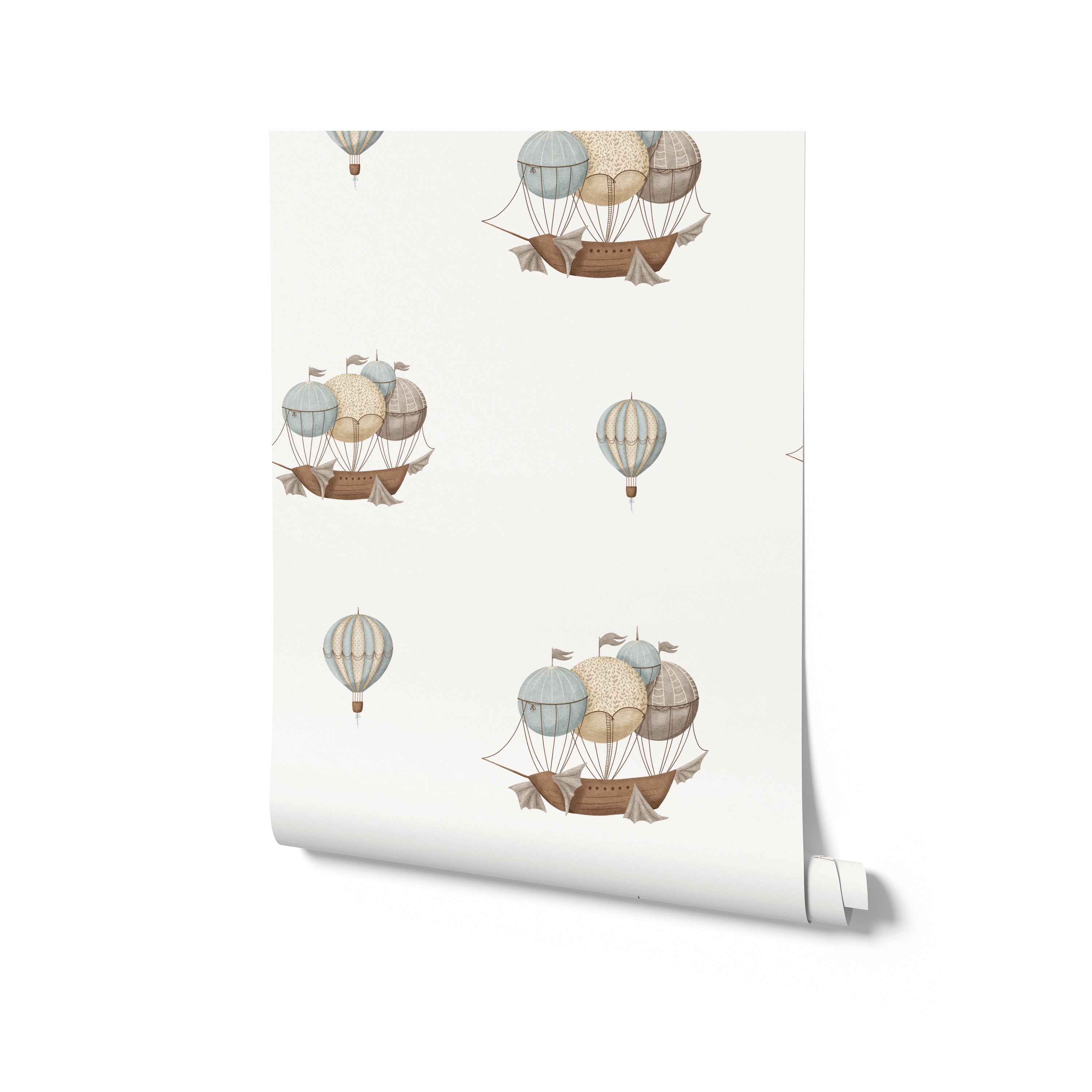 Roll of Nautical Balloons Wallpaper, displaying a playful pattern of airships and hot air balloons against a light background.