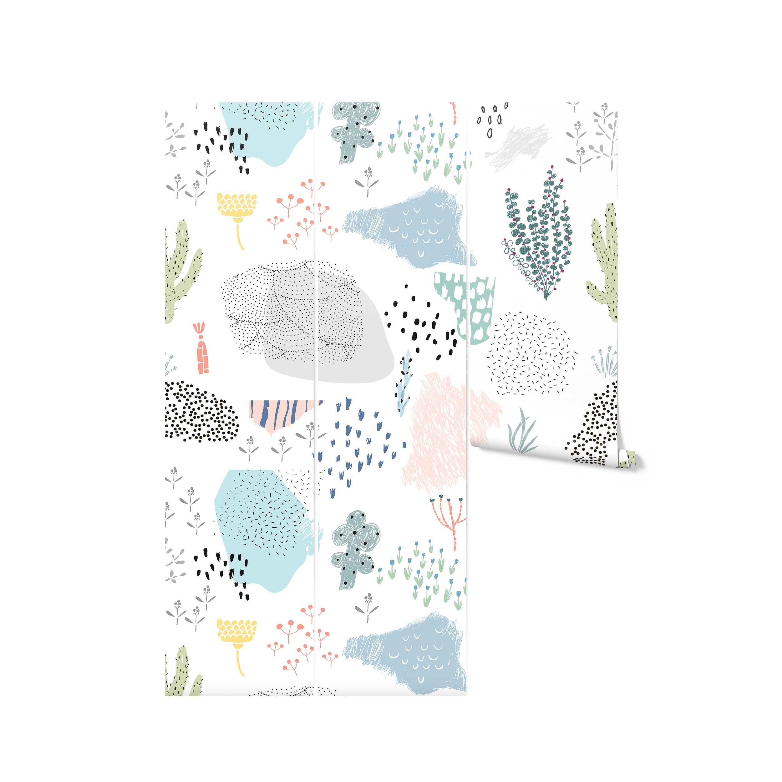 Two rolls of Kids Wallpaper - Doodles displayed side by side, highlighting the playful and colorful doodles of plants, cacti, and abstract shapes on a white background
