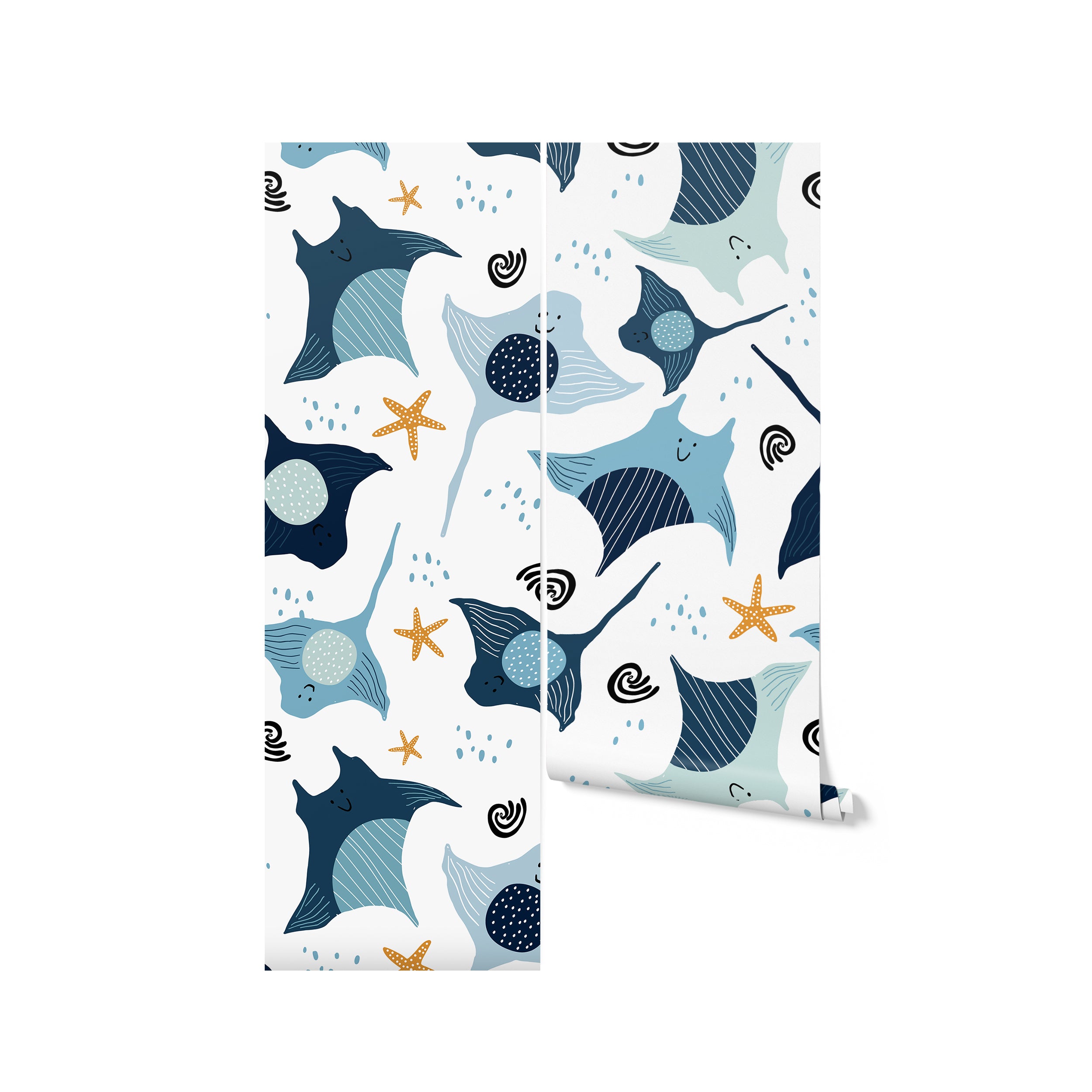 A roll of Kids Wallpaper - Smiley Rays unfurled to reveal the charming sea life pattern. The friendly faces of the stingrays and the playful details create a whimsical ocean adventure, ideal for adding character and joy to a child's bedroom or play area.