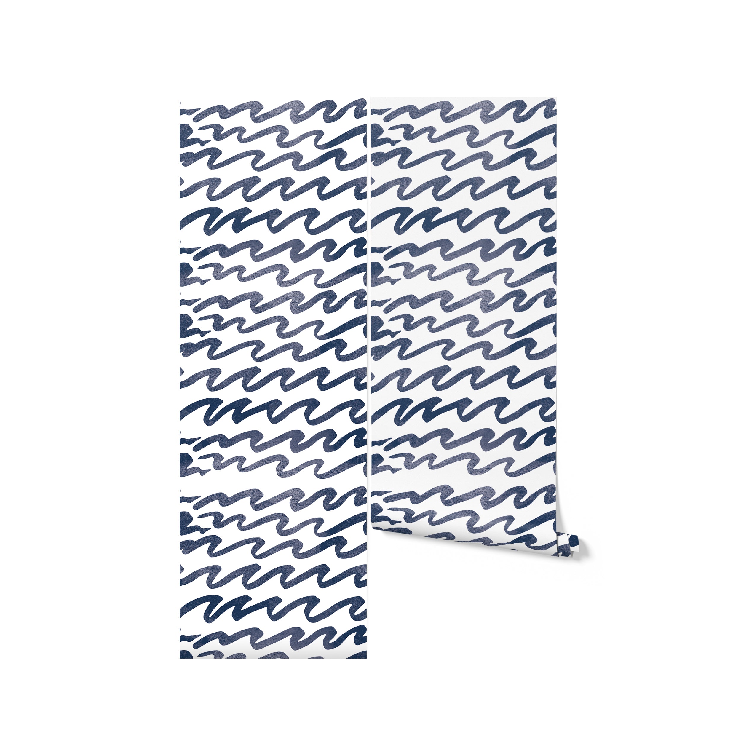 Two rolls of Wave Wallpaper - Navy Wallpaper displayed side by side, highlighting the striking hand-painted navy blue wave patterns on a white background.