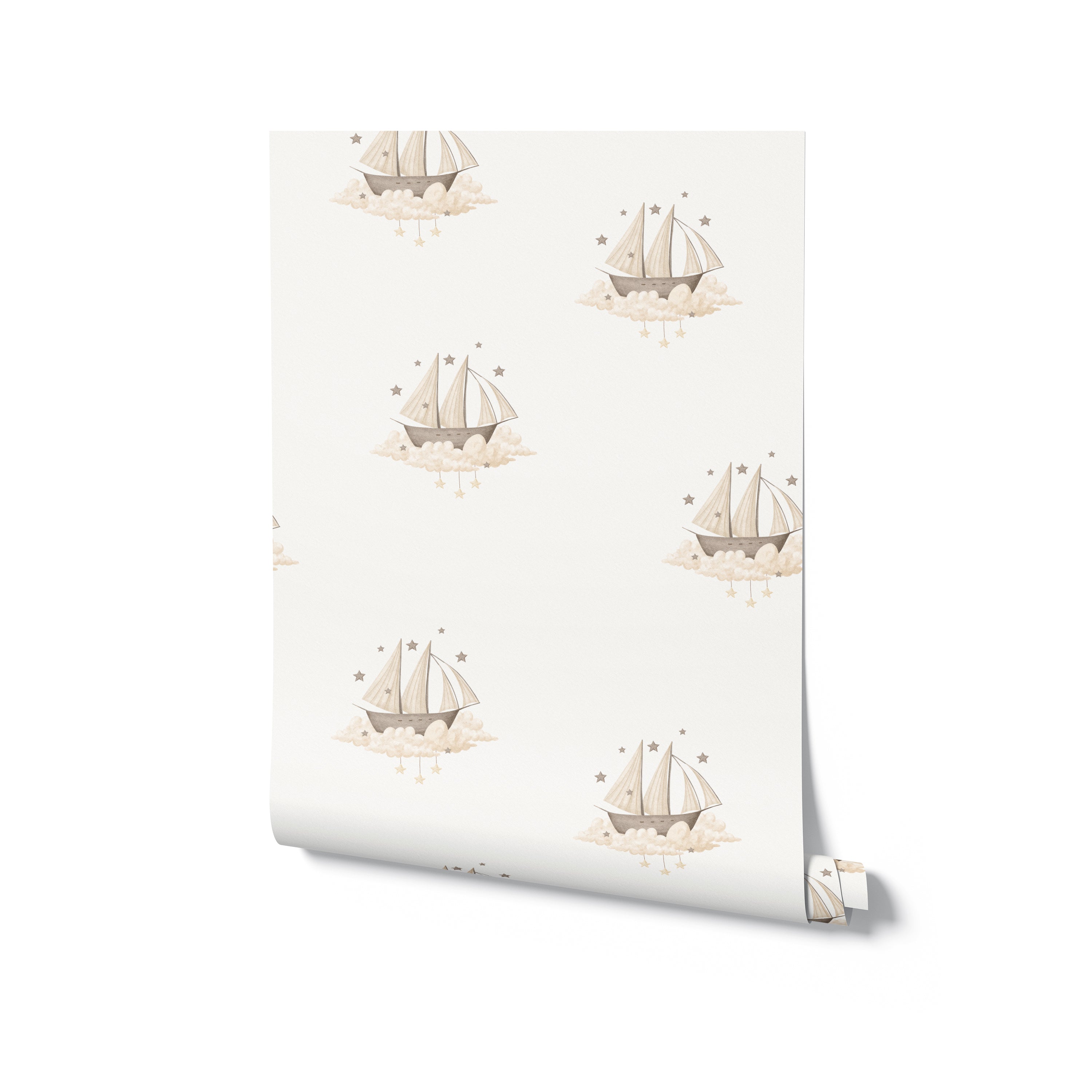 A rolled sheet of Dreamy Sailboats Wallpaper, displaying the sailboat and cloud design, perfect for a whimsical, nautical-themed space.
