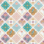 Intricate floral mosaic wallpaper featuring a repeating pattern of flowers, leaves, and birds on a soft pastel background, creating a serene and elegant ambiance.