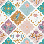 Intricate floral mosaic wallpaper featuring a repeating pattern of flowers, leaves, and birds on a soft pastel background, creating a serene and elegant ambiance.