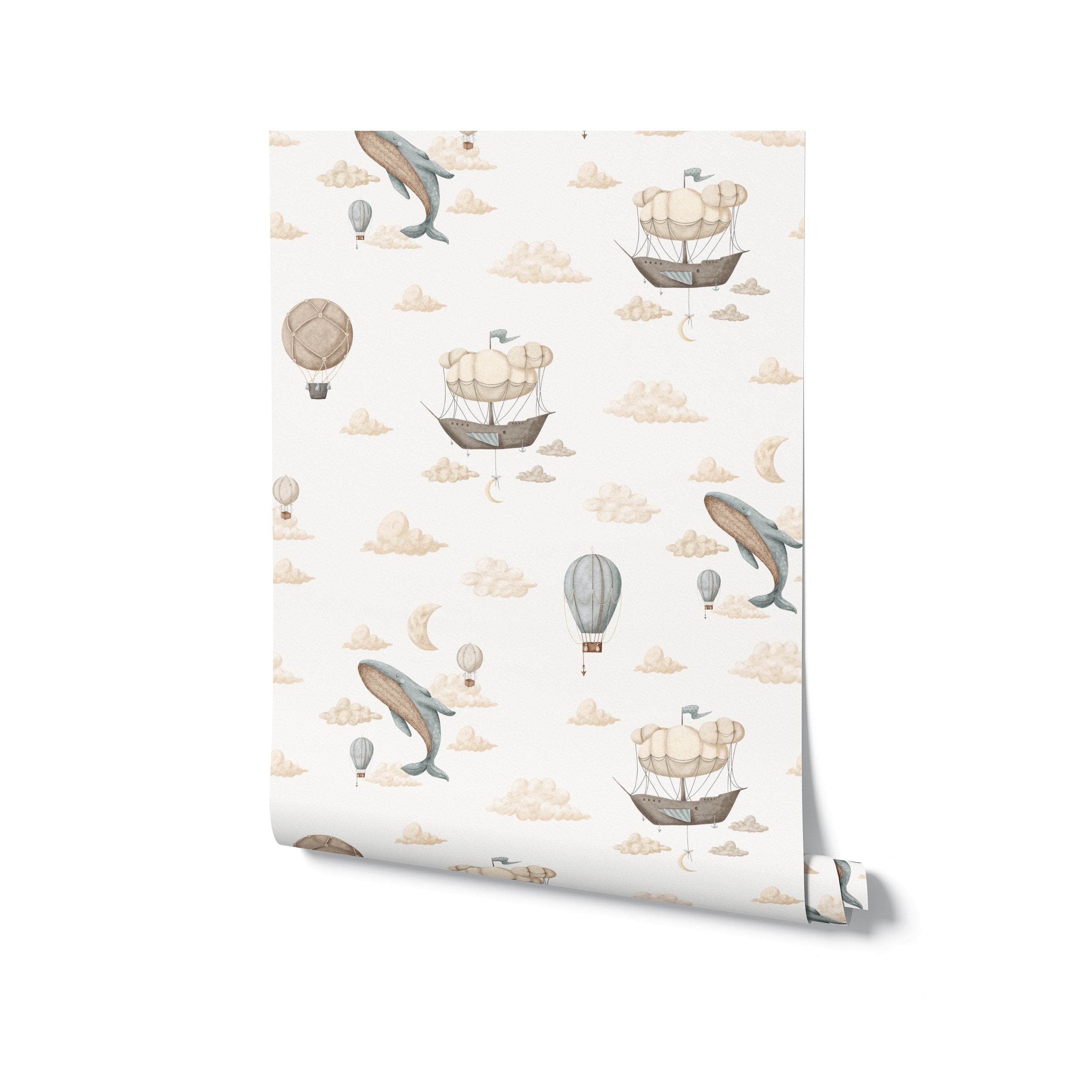 A rolled panel of Cloudy Voyages Wallpaper displaying a whimsical pattern of airships, hot air balloons, and clouds, perfect for inspiring dreams in any nursery.