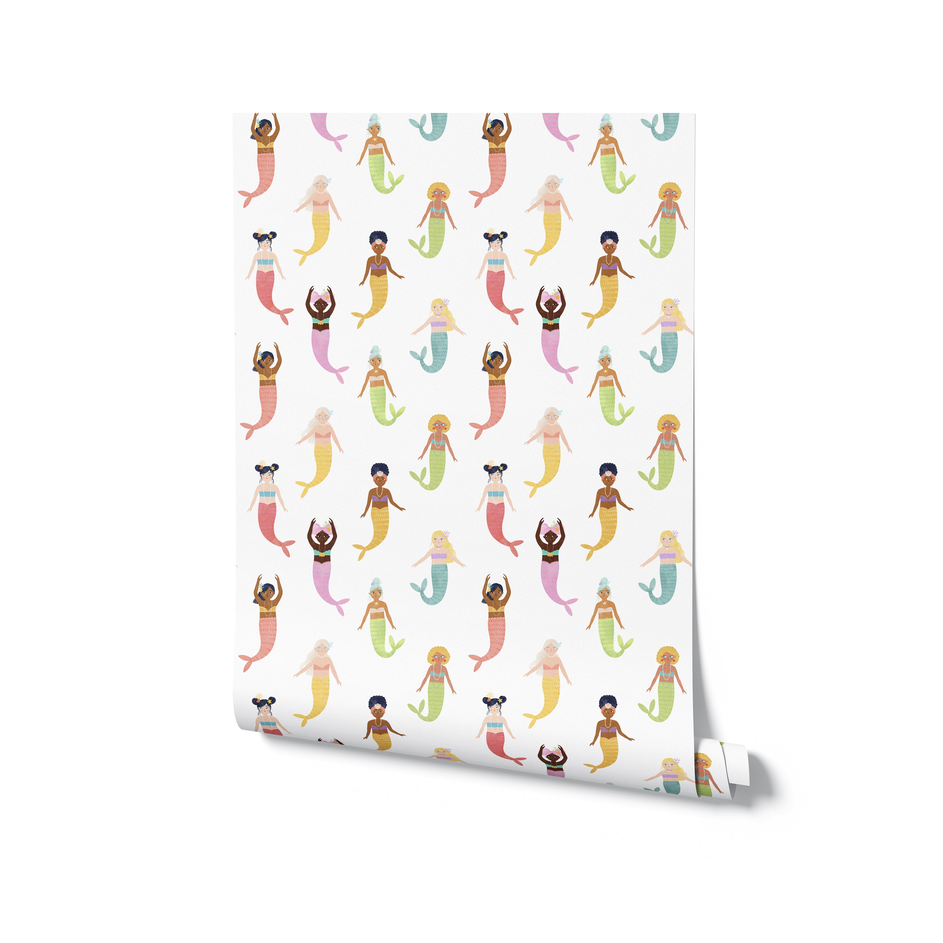 A roll of Little Mermaids Wallpaper displaying an enchanting array of mermaids, seashells, and underwater flora in pastel colors. This image highlights the wallpaper's whimsical design and vibrant colors, ideal for a child's bedroom or play area.