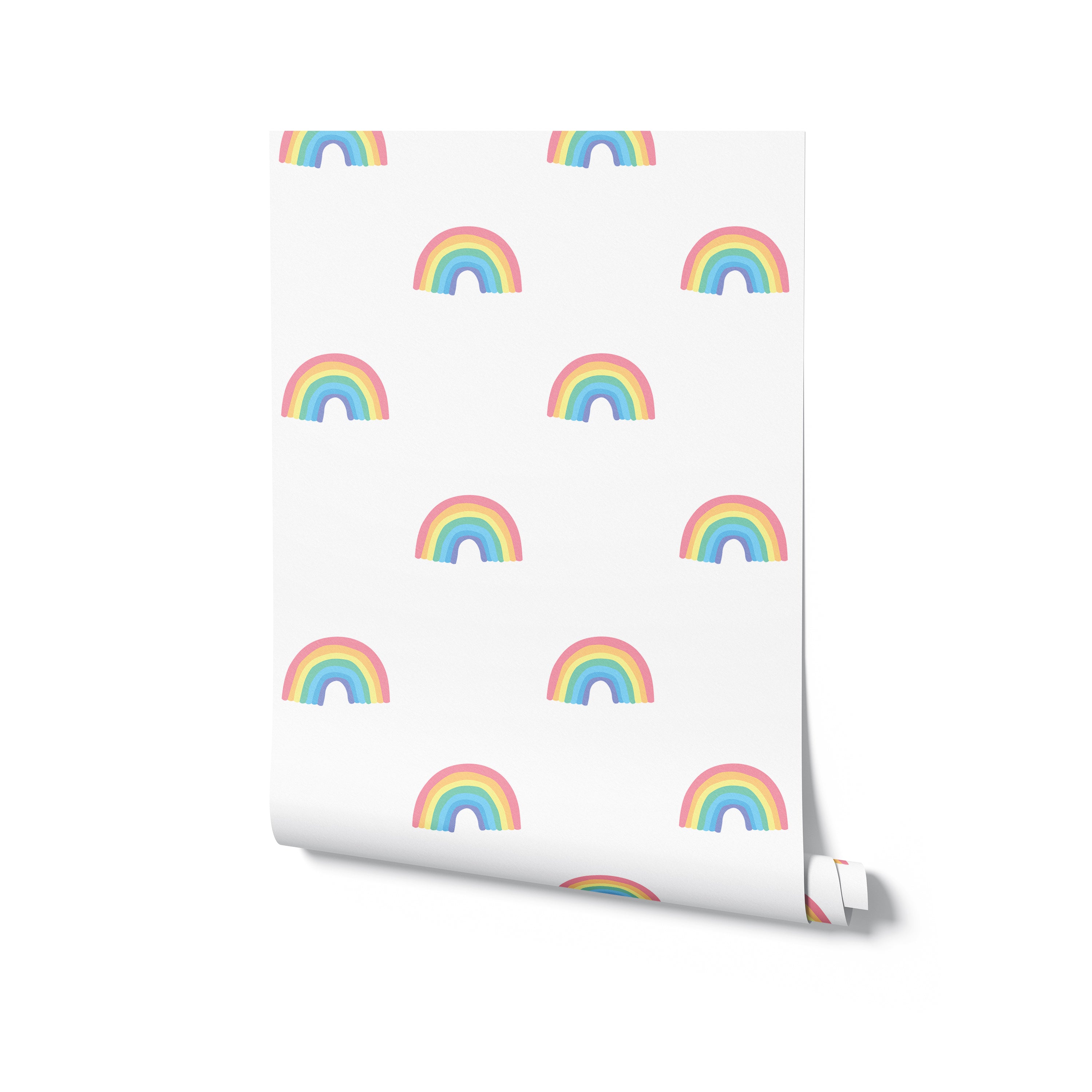 Roll of Chasing Rainbows wallpaper displaying an array of multicolored rainbows on a white background, ideal for brightening up children's rooms or creative spaces
