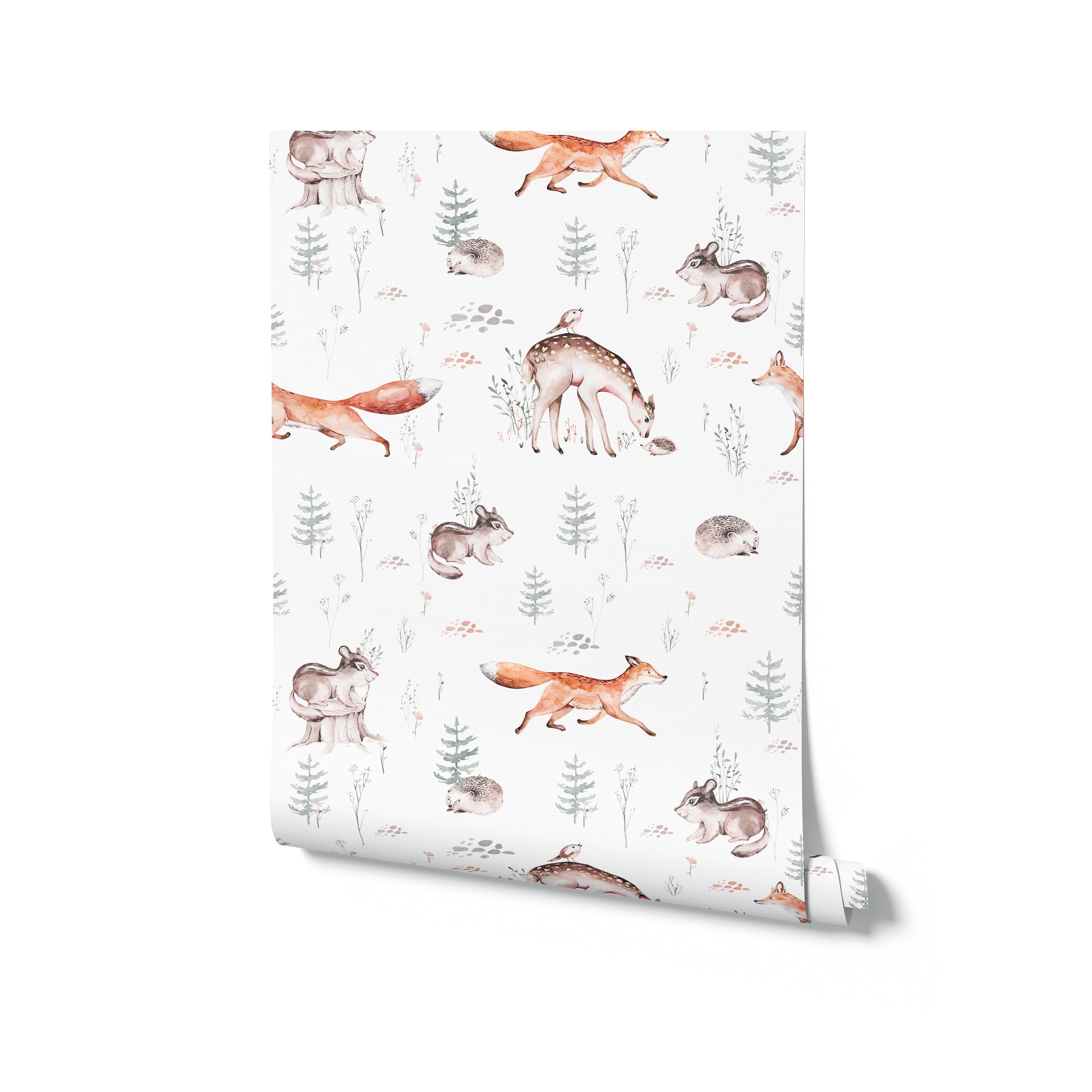 A roll of Woodland Wonder Wallpaper displayed against a plain background, highlighting its pattern of adorable woodland animals and flora in soft watercolor hues, perfect for adding a magical touch to any child’s room or nursery.