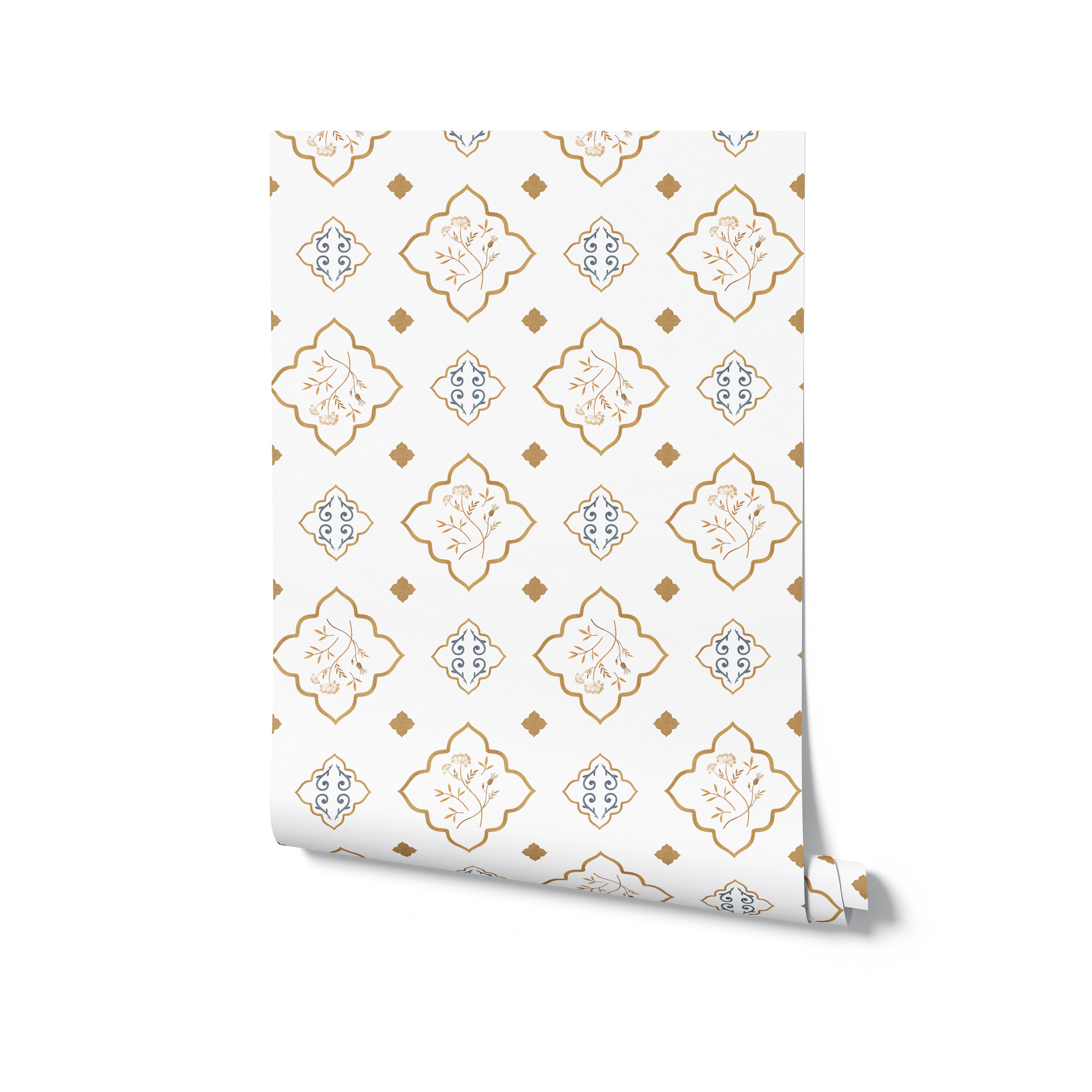 A roll of Moroccan Dream Wallpaper featuring an elegant design of gold and beige geometric patterns interlaced with floral and blue decorative elements.