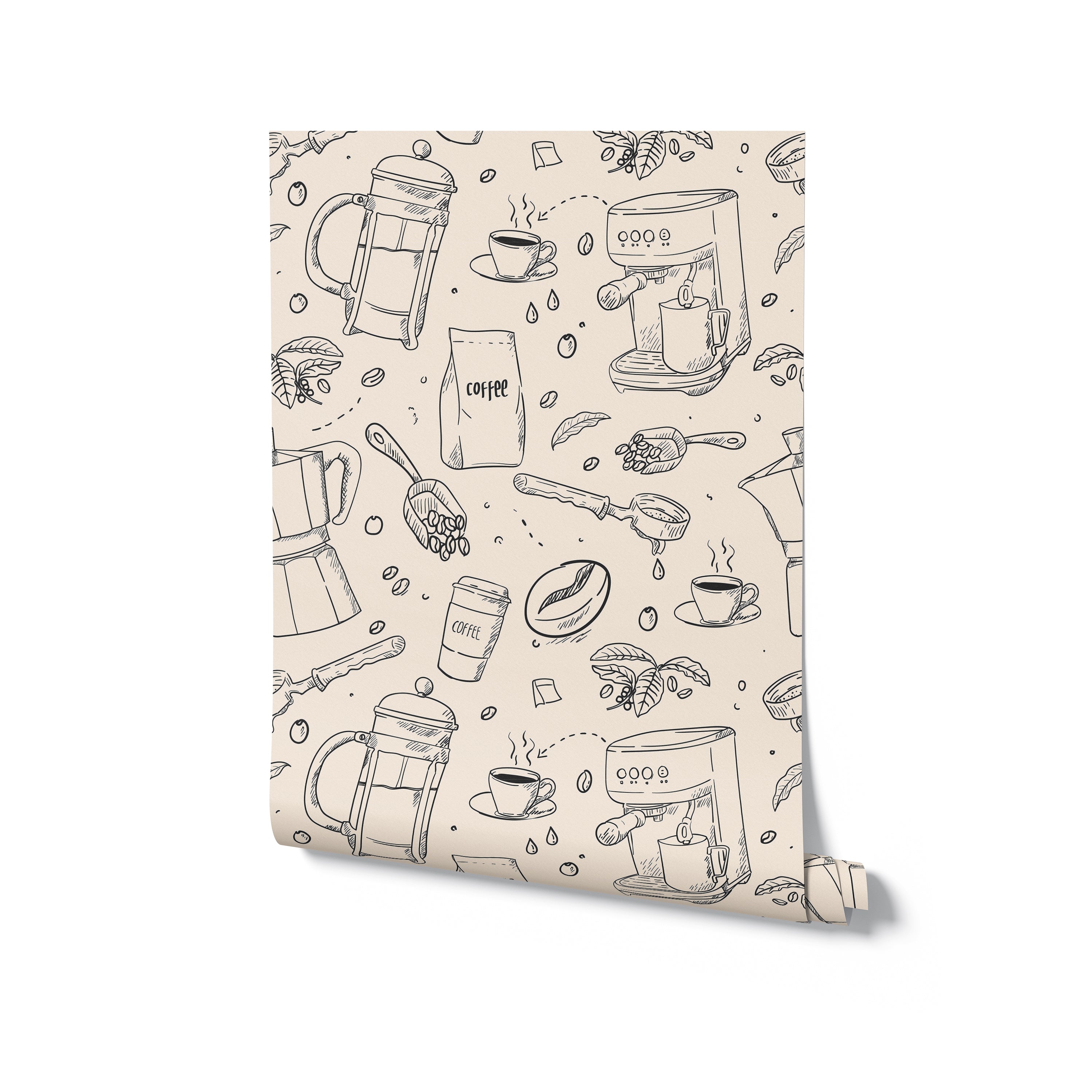 An isolated roll of coffee-themed wallpaper illustrated with sketches of coffee pots, cups, beans, and leaves, perfect for adding a café-like ambiance to any interior.