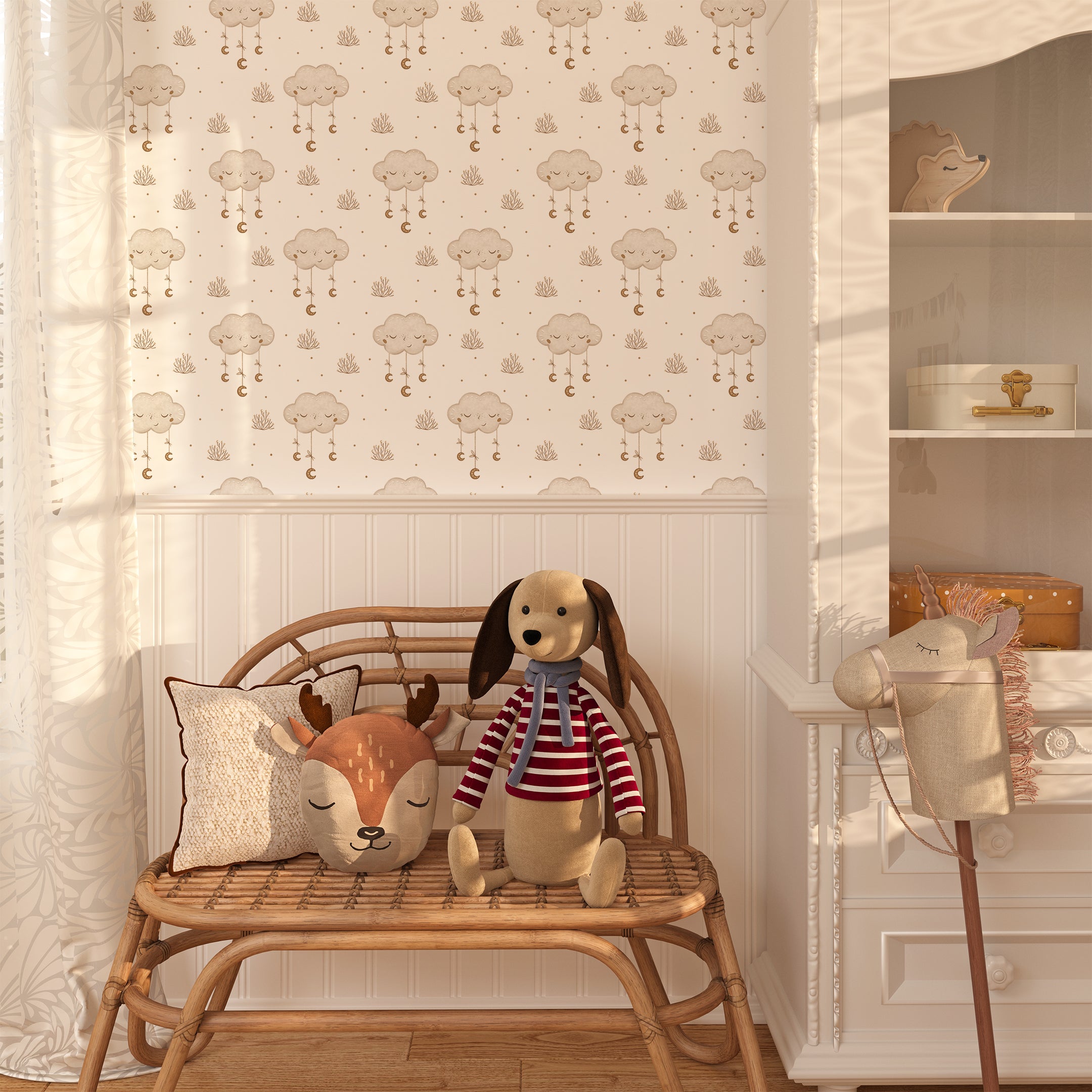 A cozy nook with Sleepy Clouds Wallpaper, featuring a wicker bench adorned with plush toys and a soft pillow, enhancing the tranquil vibe.