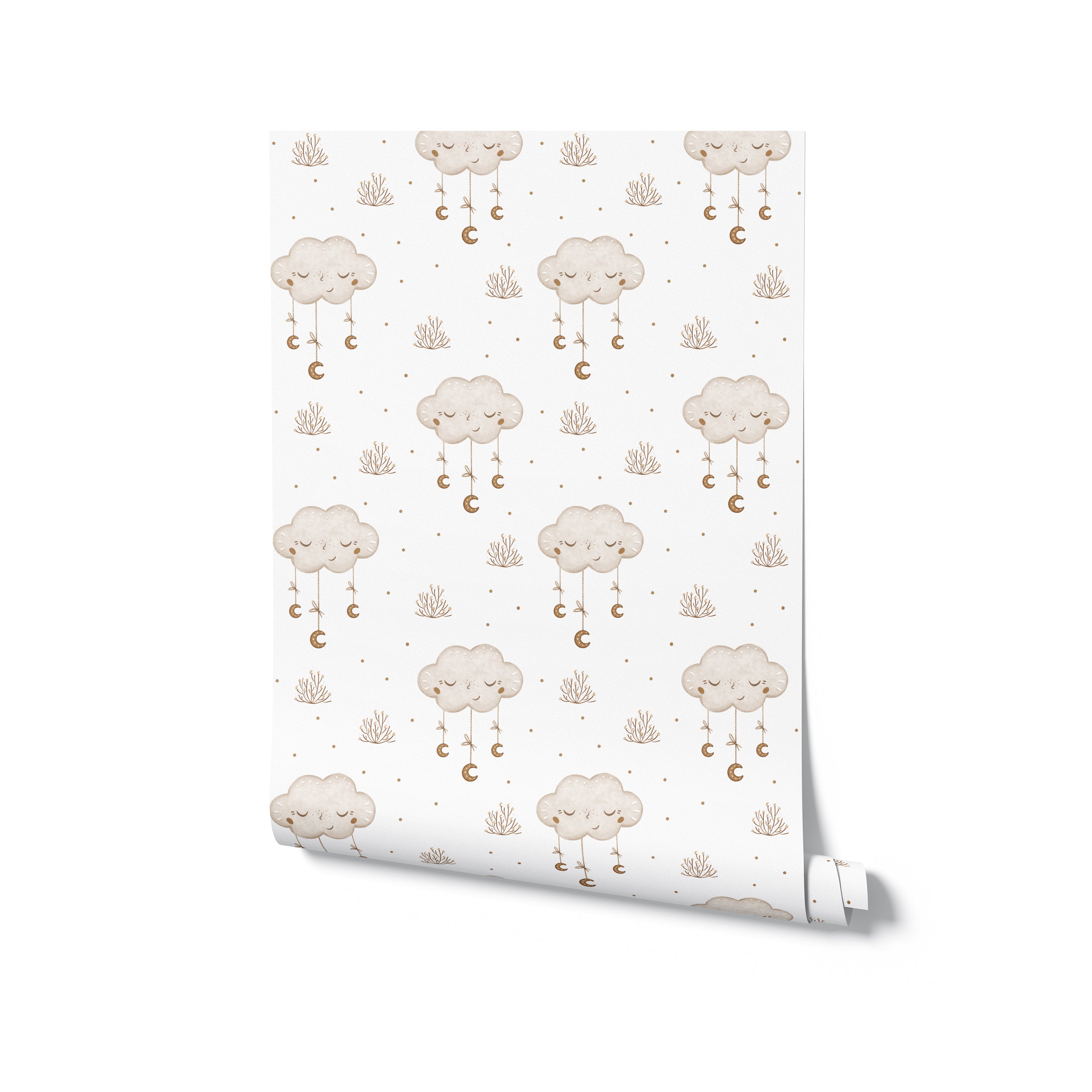 A rolled panel of Sleepy Clouds Wallpaper displaying a whimsical pattern of serene clouds and hanging moons, perfect for a dreamy nursery theme.