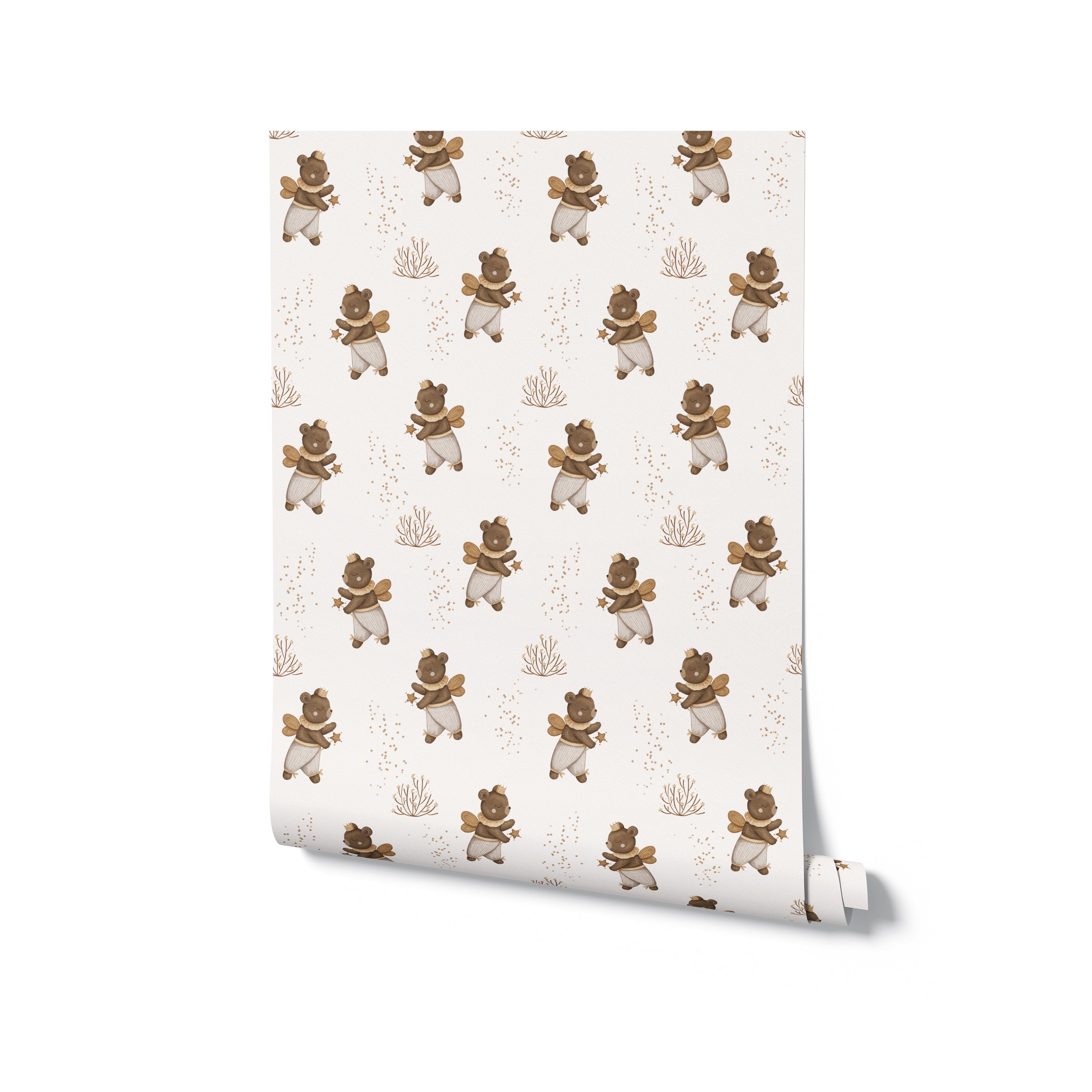 A rolled panel of Stardust Bears Wallpaper displaying a delightful pattern of crowned bears with wings, perfect for adding a magical touch to any nursery.