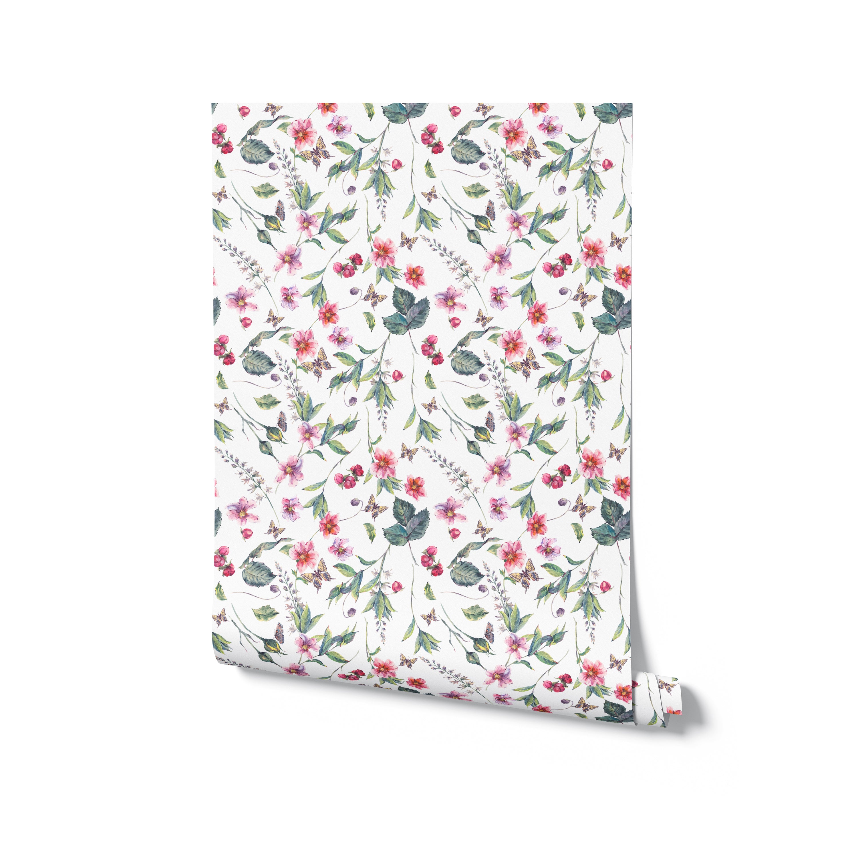 A rolled-up piece of Graceful Garden Wallpaper, revealing a lush pattern of pink and red floral designs with green leaves and delicate butterflies, perfect for adding a touch of nature to any room.