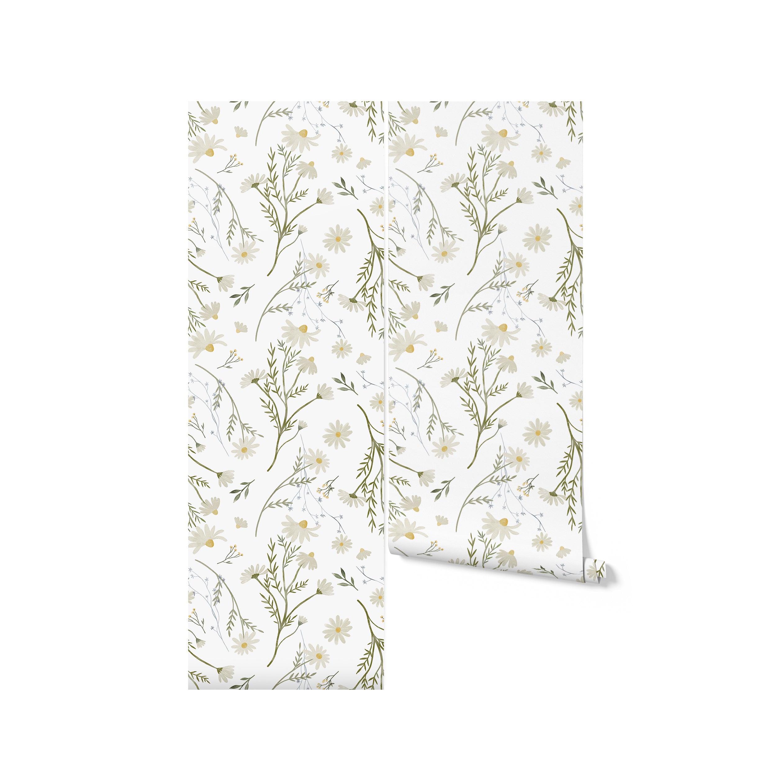 A rolled-up view of the Daisy Bouquet Wallpaper illustrating the wallpaper's texture and pattern, with daisy flowers and greenery on a clean white background, suggesting the wallpaper's readiness for installation in a light and airy interior space.